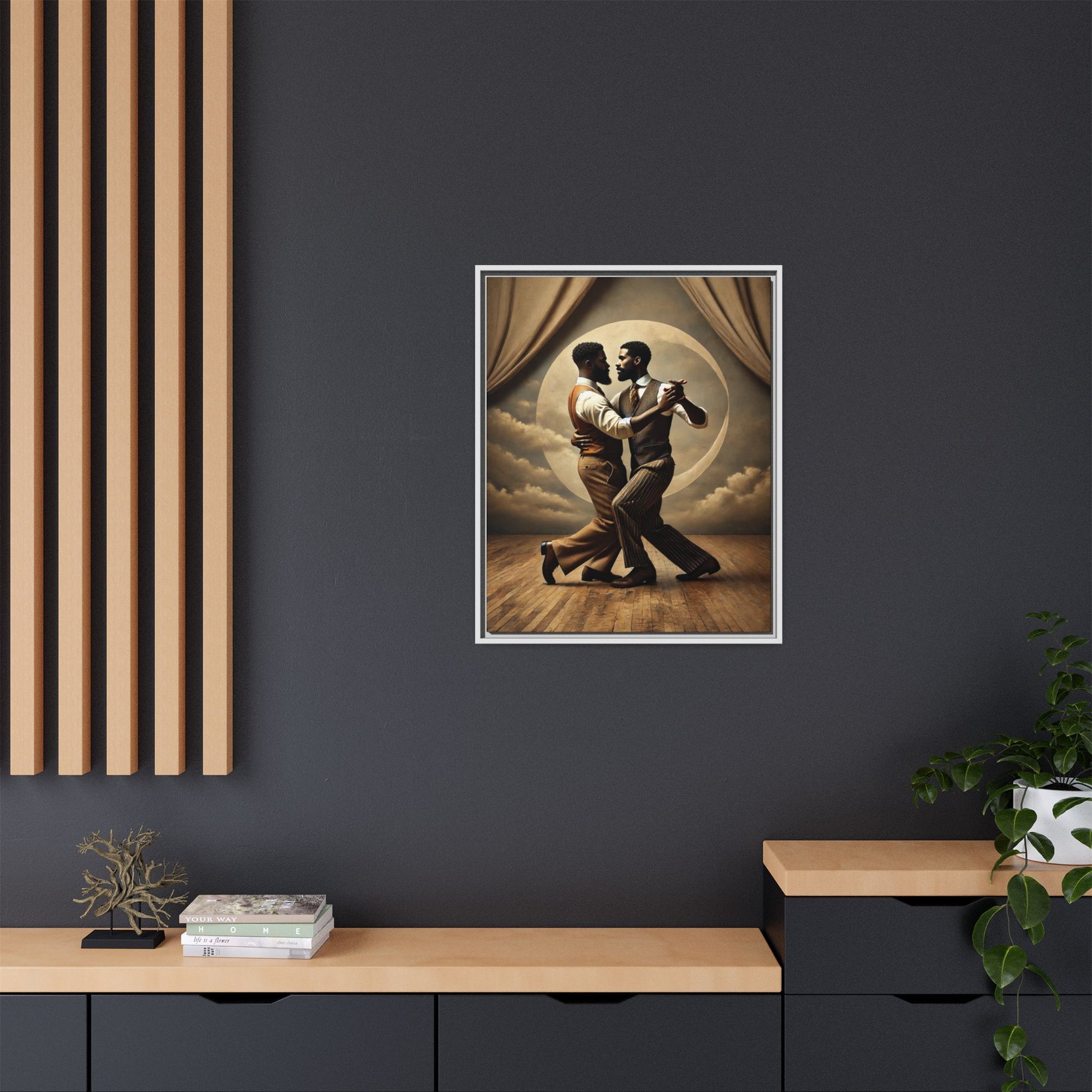 Original artwork of two Black men ballroom dancing in vintage 1920s suits under a glowing moon backdrop. A romantic and powerful tribute to queer love and Black history that reclaims moments lost to systemic bias and cultural erasure.