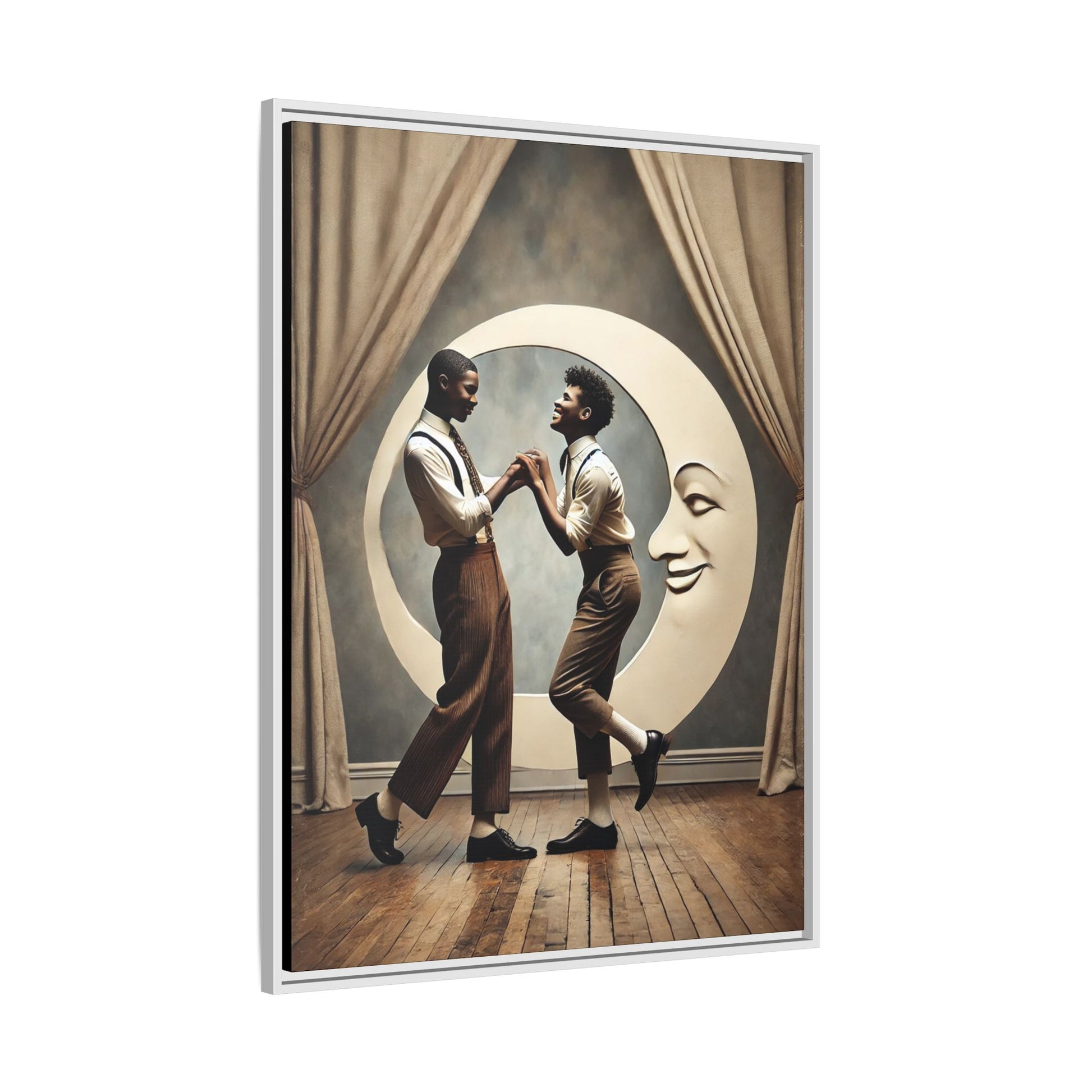 Two joyful young Black men dressed in 1920s fashion dancing in front of a crescent moon prop with a smiling face. This artwork reclaims erased queer love, offering a whimsical and powerful celebration of Black LGBTQ+ youth and history.