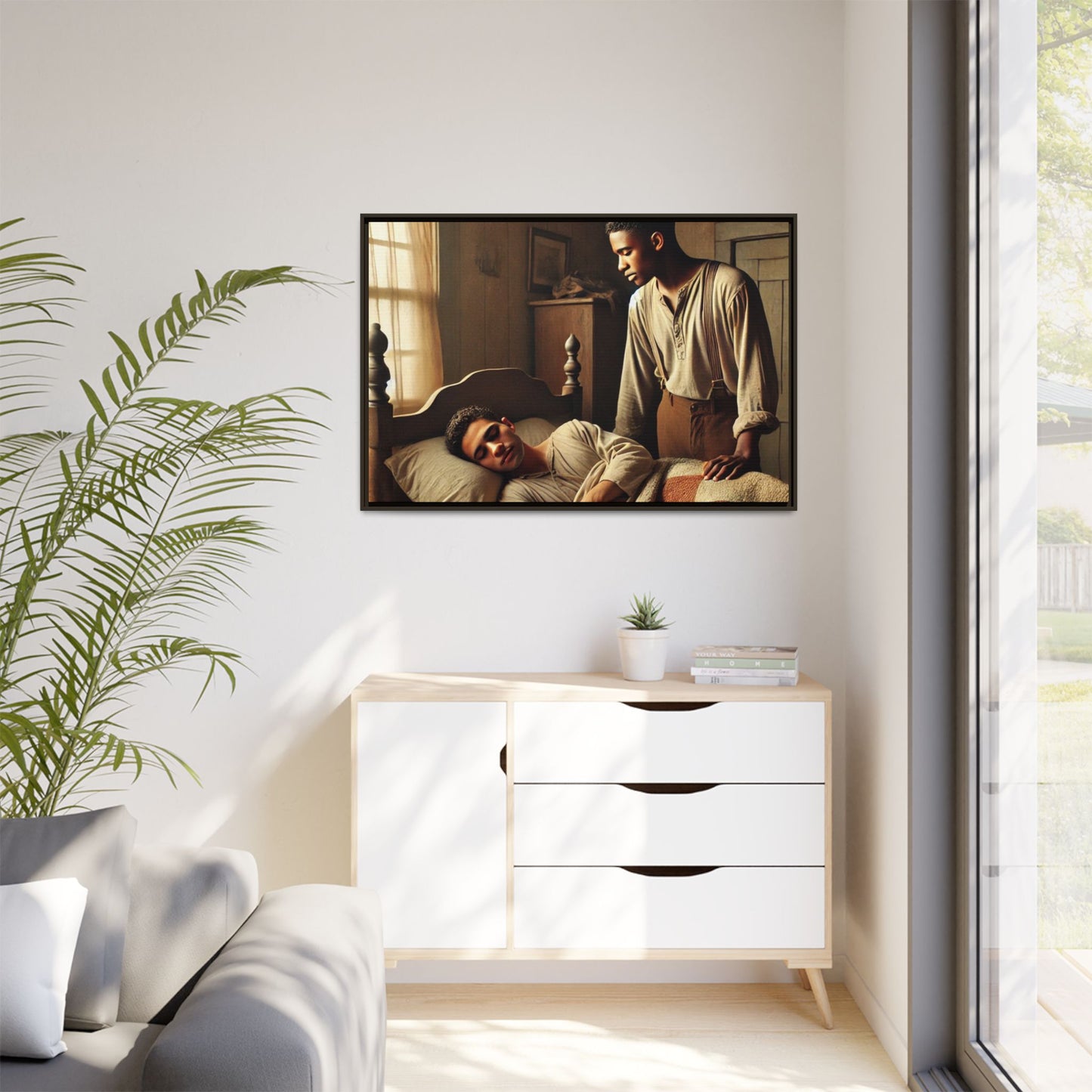 Grant 007 artwork depicting an African-American queer couple in a tender, intimate moment within a rustic bedroom. This scene, bathed in warm, nostalgic light, captures the love and quiet resilience of rural life, celebrating LGBTQ+ representation and African-American heritage.