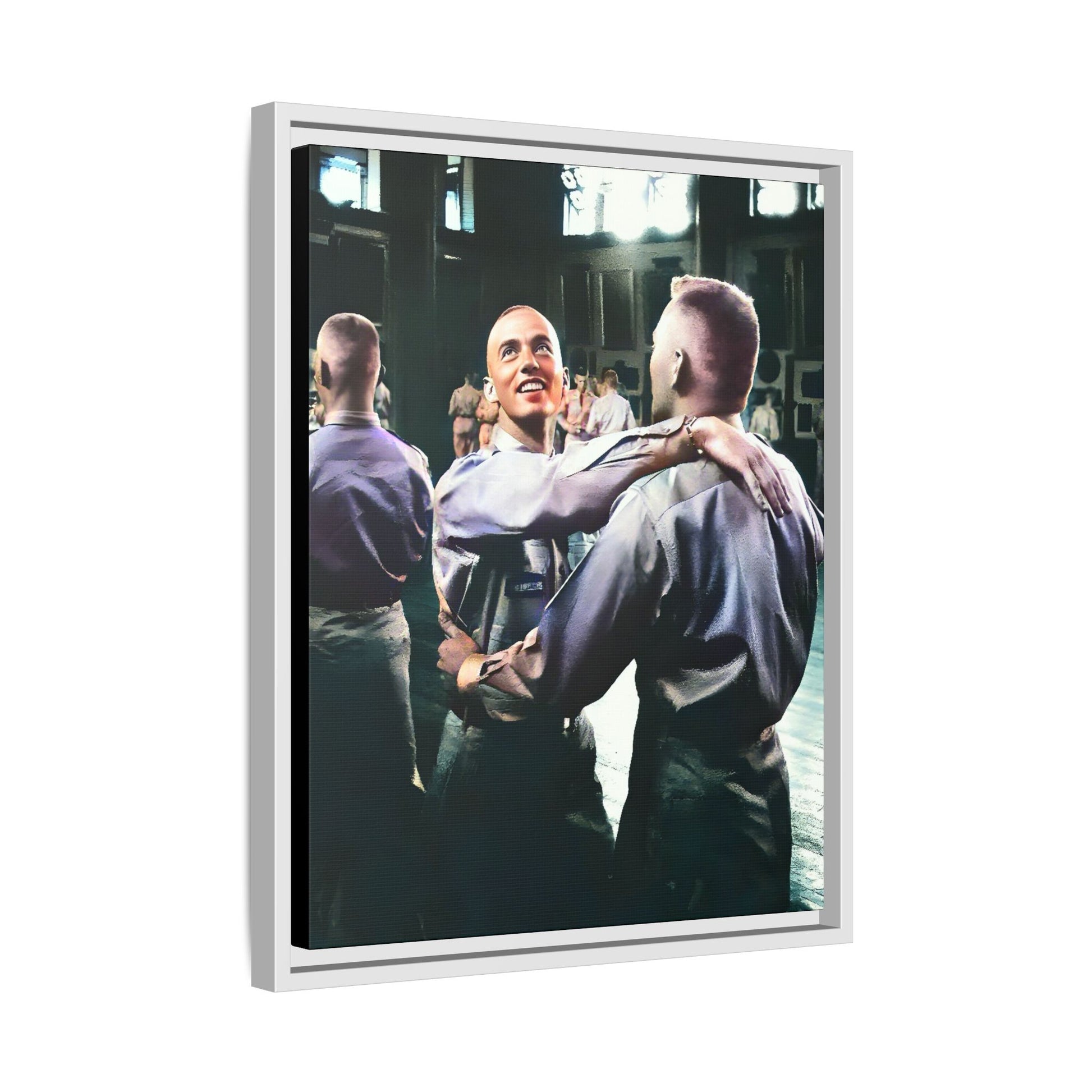 Restored mid-20th century photo of two men dancing at a USO event in Fort Belvoir, celebrating LGBTQ+ love and resilience, framed as wall décor Gay Couple