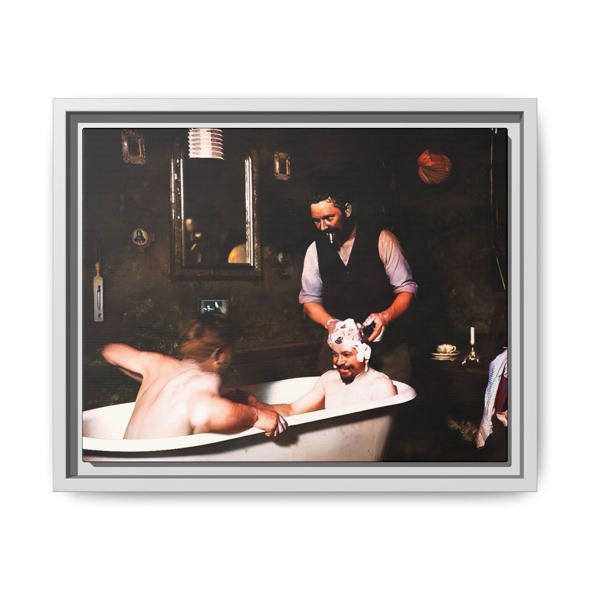 Restored vintage photo of camaraderie at Walsh Depot, Battle Mountain, NV, featuring a clawfoot tub, and framed canvas art. Naked Men in the bathtub. Gay Bears