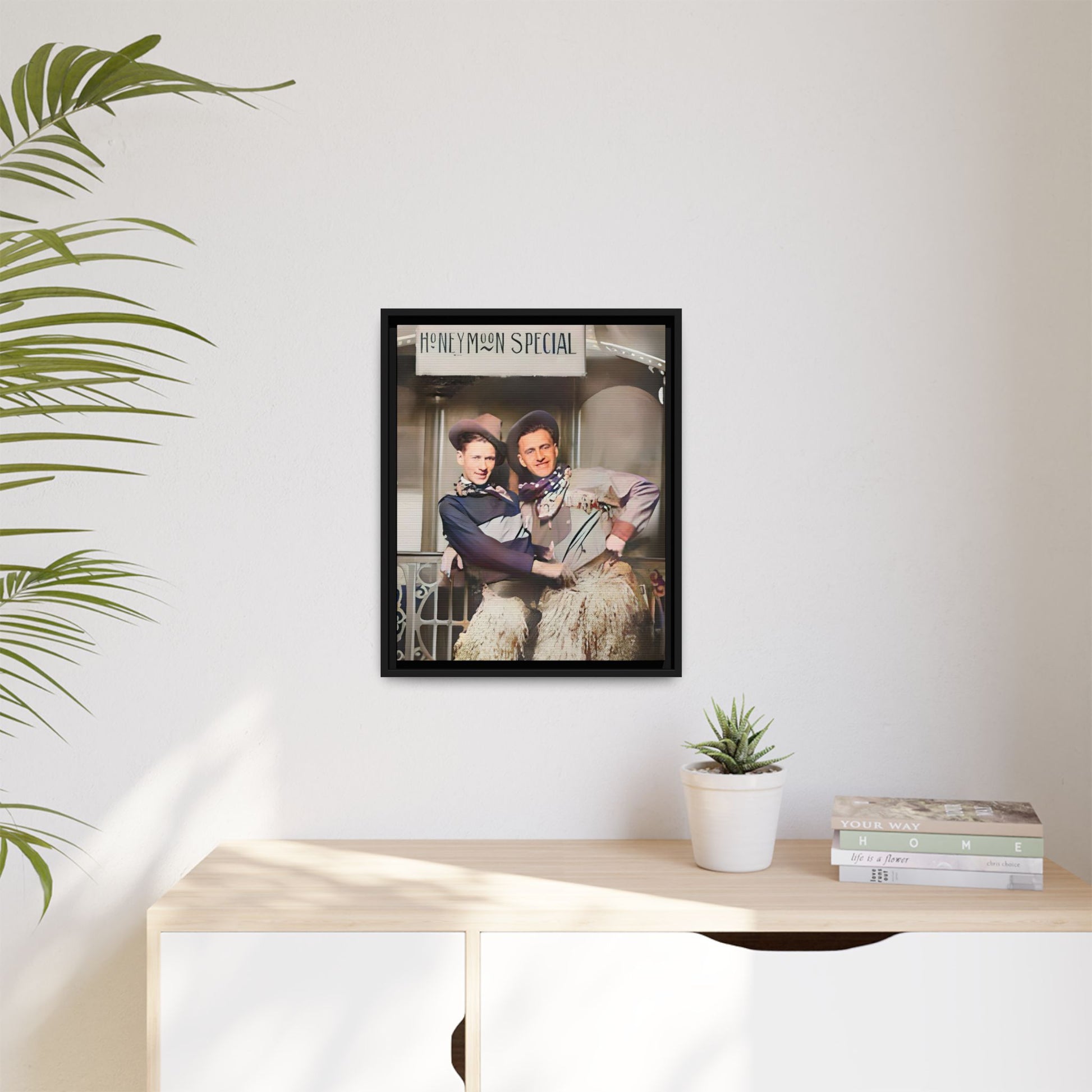Vintage portrait of Harry & Earl in whimsical cowboy attire under the "Honeymoon Special" sign, set in 1920s San Antonio. Framed matte canvas art celebrating LGBTQ+ love and rustic Americana charm. Perfect for history enthusiasts and rustic decor lovers. Gay Marriage Wedding Gift