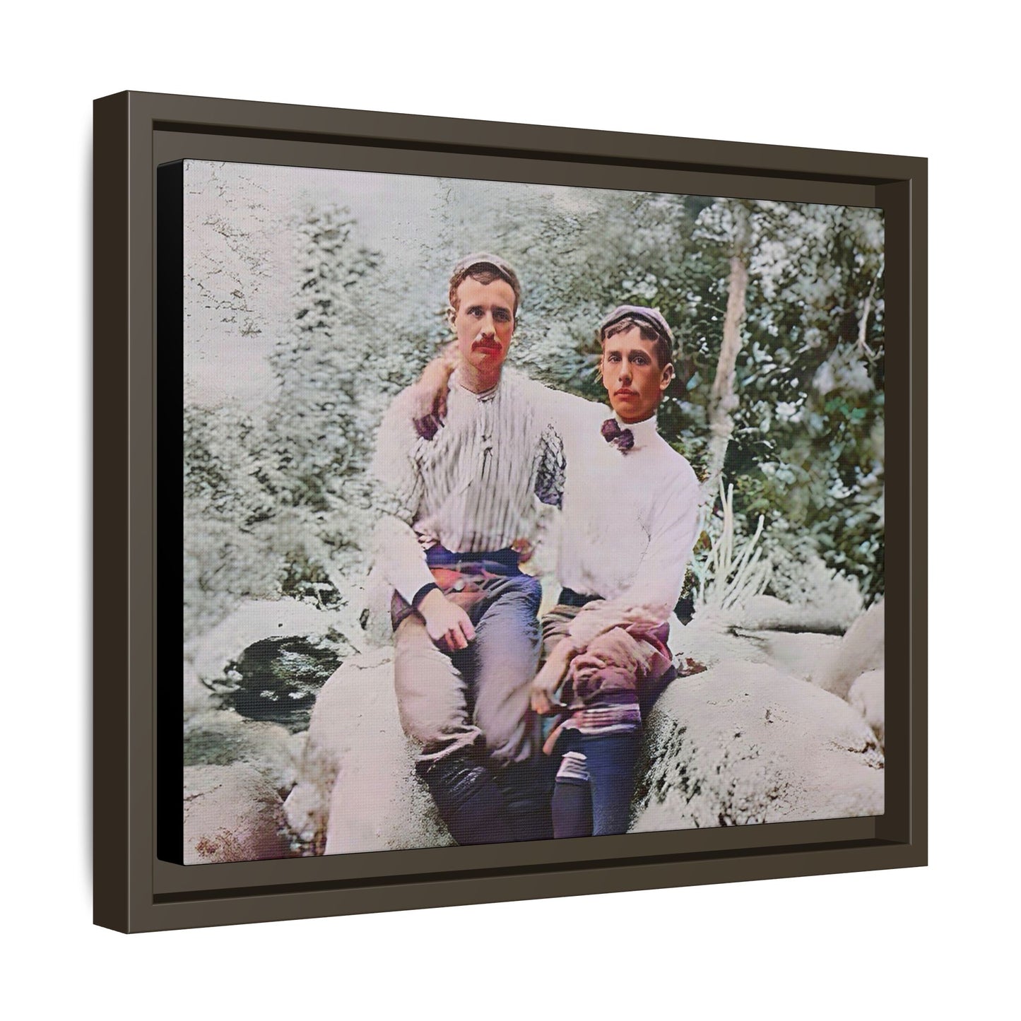 A framed vintage love portrait on matte canvas featuring Grover and Emil in Villamont, Virginia, capturing timeless LGBTQ+ connection and companionship. Gay Couple