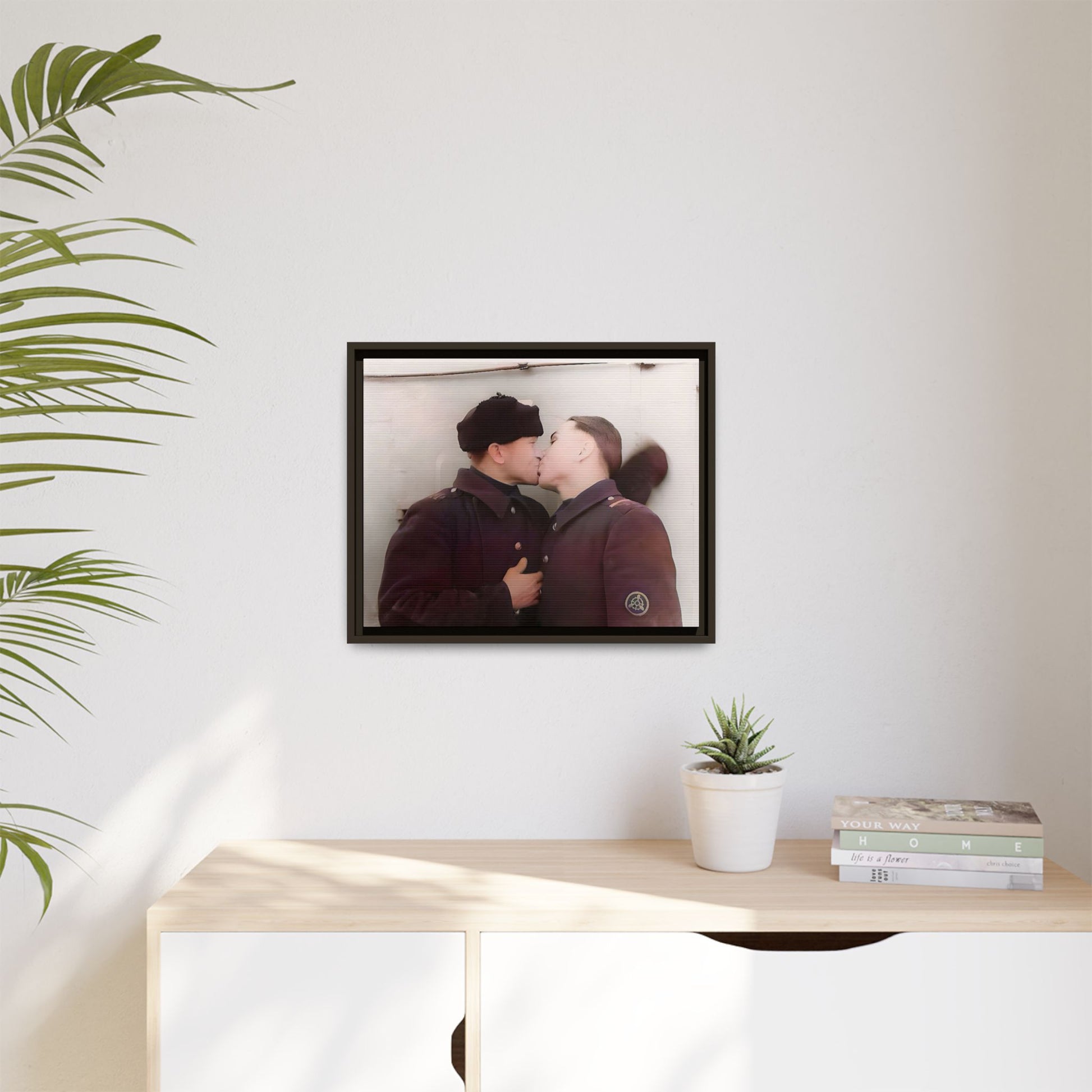 A restored vintage photograph of two Russian soldiers in uniform sharing an intimate moment at a military outpost in Surgut, Russia. Their embrace reflects resilience, love, and defiance against societal norms, making this a powerful tribute to LGBTQ+ history and wartime romance. Винтажное фото | гей-пара