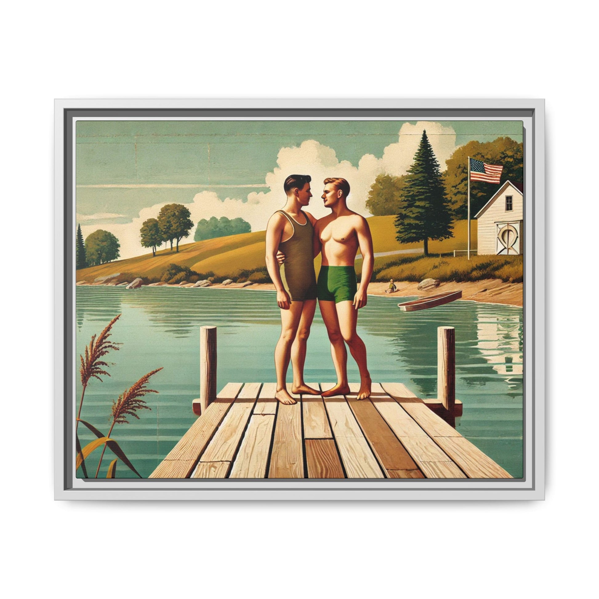 Framed artwork of a gay couple sharing a tender moment on a wooden dock by a peaceful lake, dressed in vintage swimwear. Set against rolling hills and a lakeside cabin, this nostalgic scene honors LGBTQ+ love in a serene Midwestern summer setting.