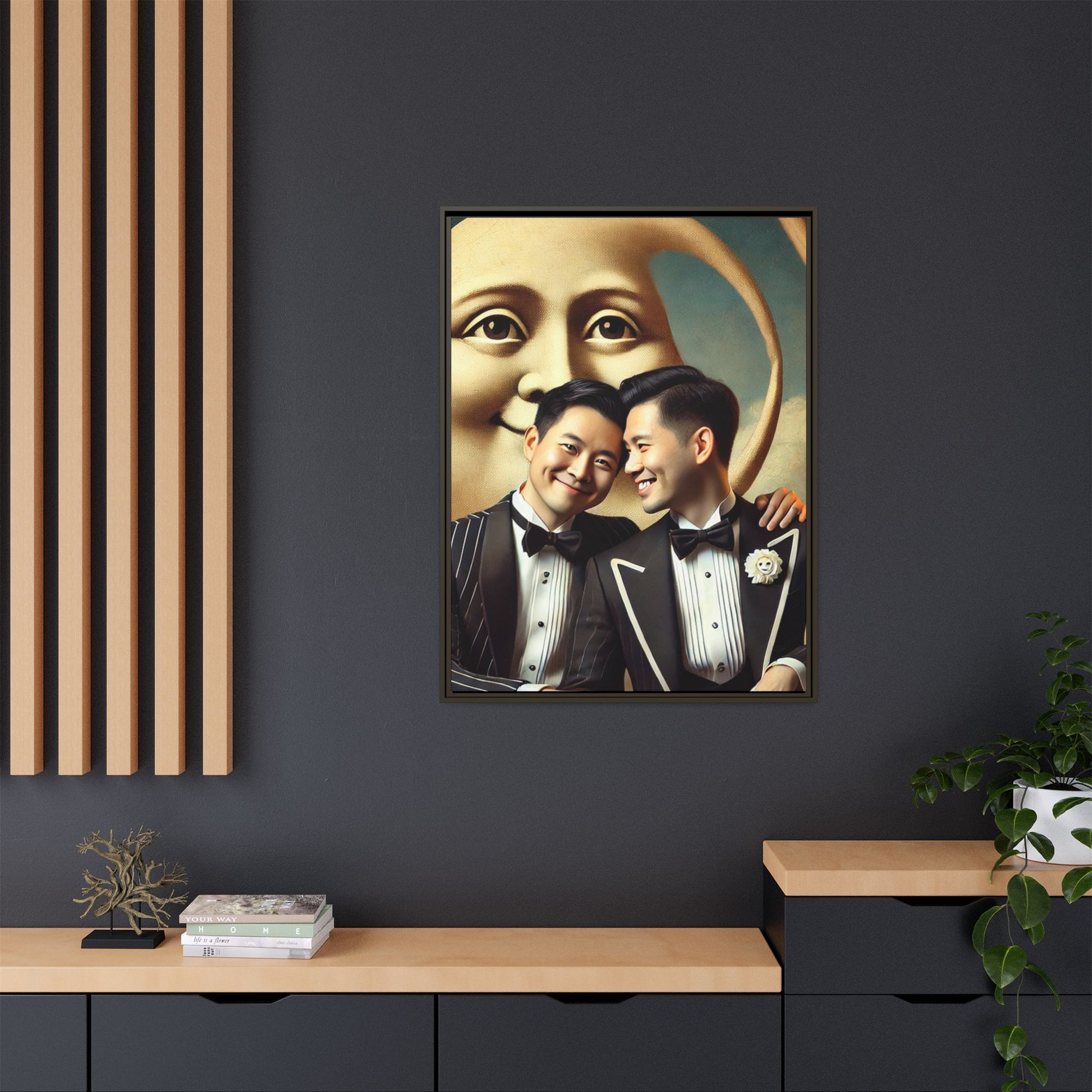 Framed matte canvas featuring a joyful queer Asian couple in tuxedos standing beneath a crescent moon. This artwork, part of the Missing Art Studies series, reimagines erased queer histories with warmth, dignity, and vintage-inspired style.