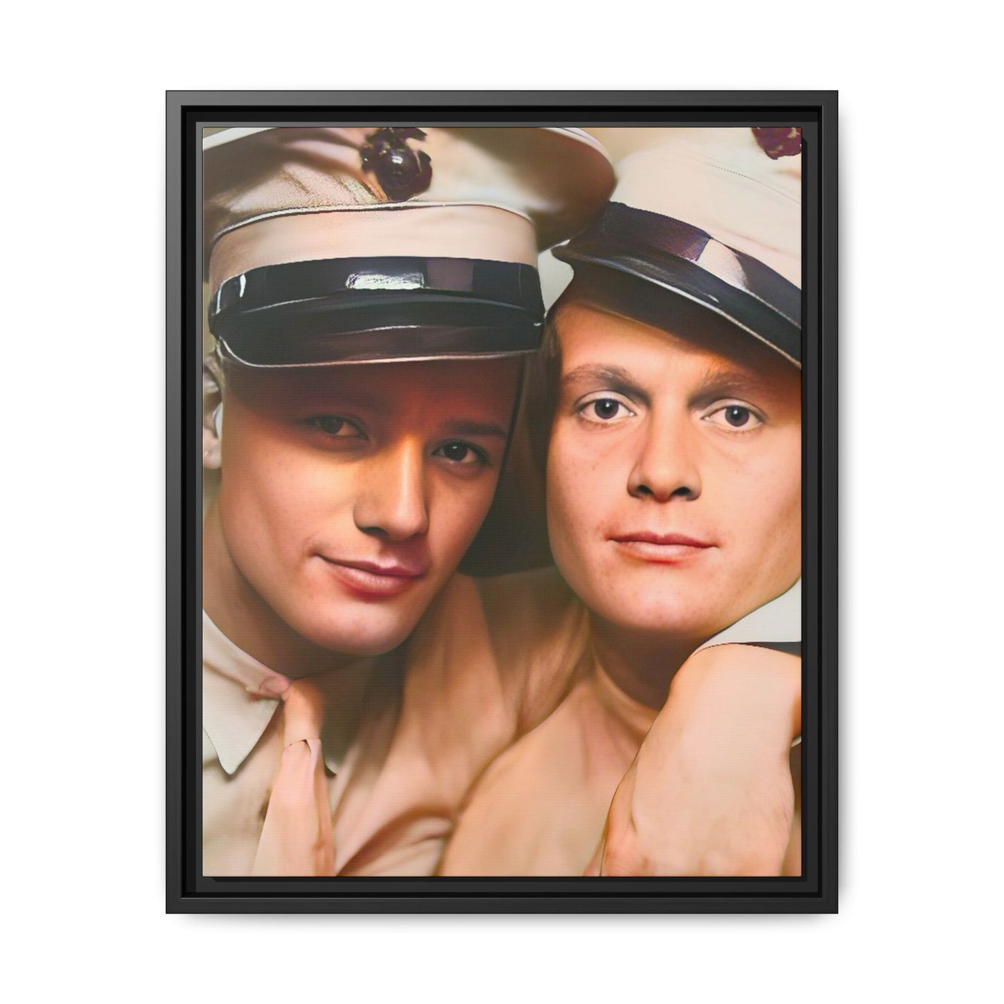 Restored vintage photograph of Paul and Ralph, an early 20th-century LGBTQ+ military couple from Camp Atterbury, Indiana. Framed matte canvas print celebrating love, courage, and LGBTQ+ history. Gay Couple Photo Booth
