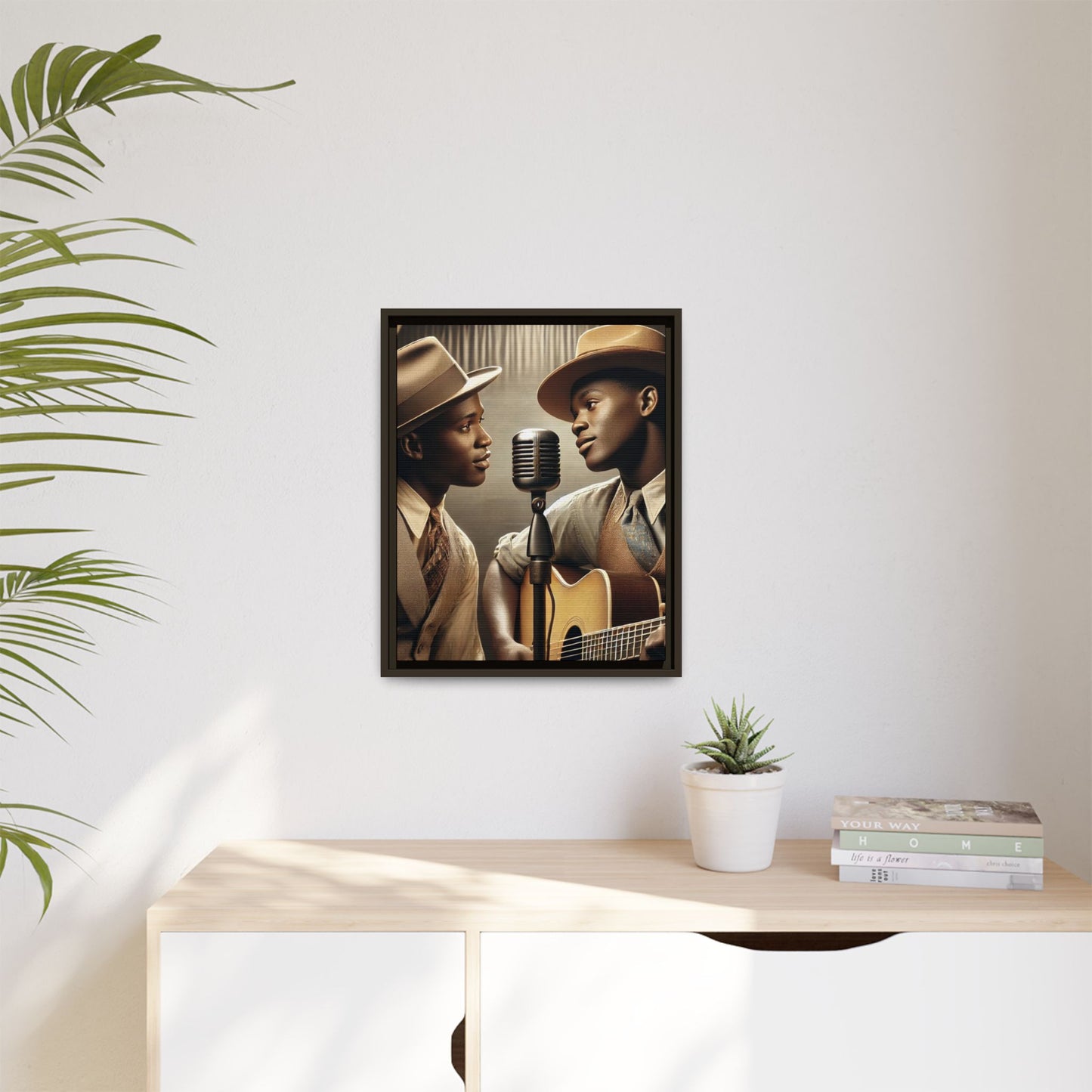 Artwork of an African-American gay couple recording a song in a 1930s-style studio. Dressed in vintage attire with fedoras and ties, they share a close, tender moment around a classic microphone, capturing love, music, and cultural heritage in a nostalgic setting