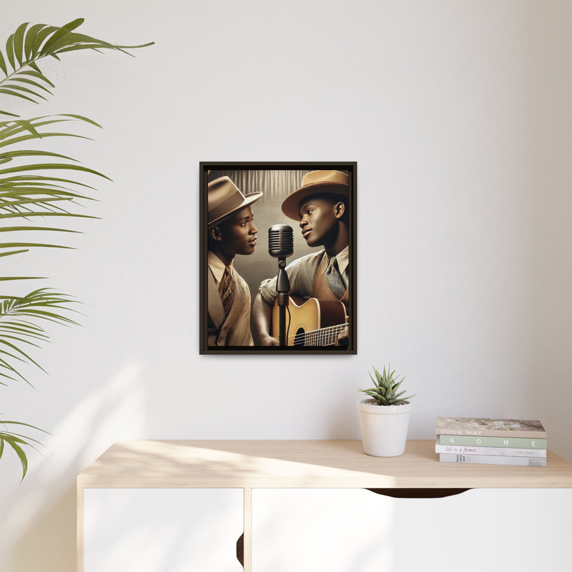 Artwork of an African-American gay couple recording a song in a 1930s-style studio. Dressed in vintage attire with fedoras and ties, they share a close, tender moment around a classic microphone, capturing love, music, and cultural heritage in a nostalgic setting