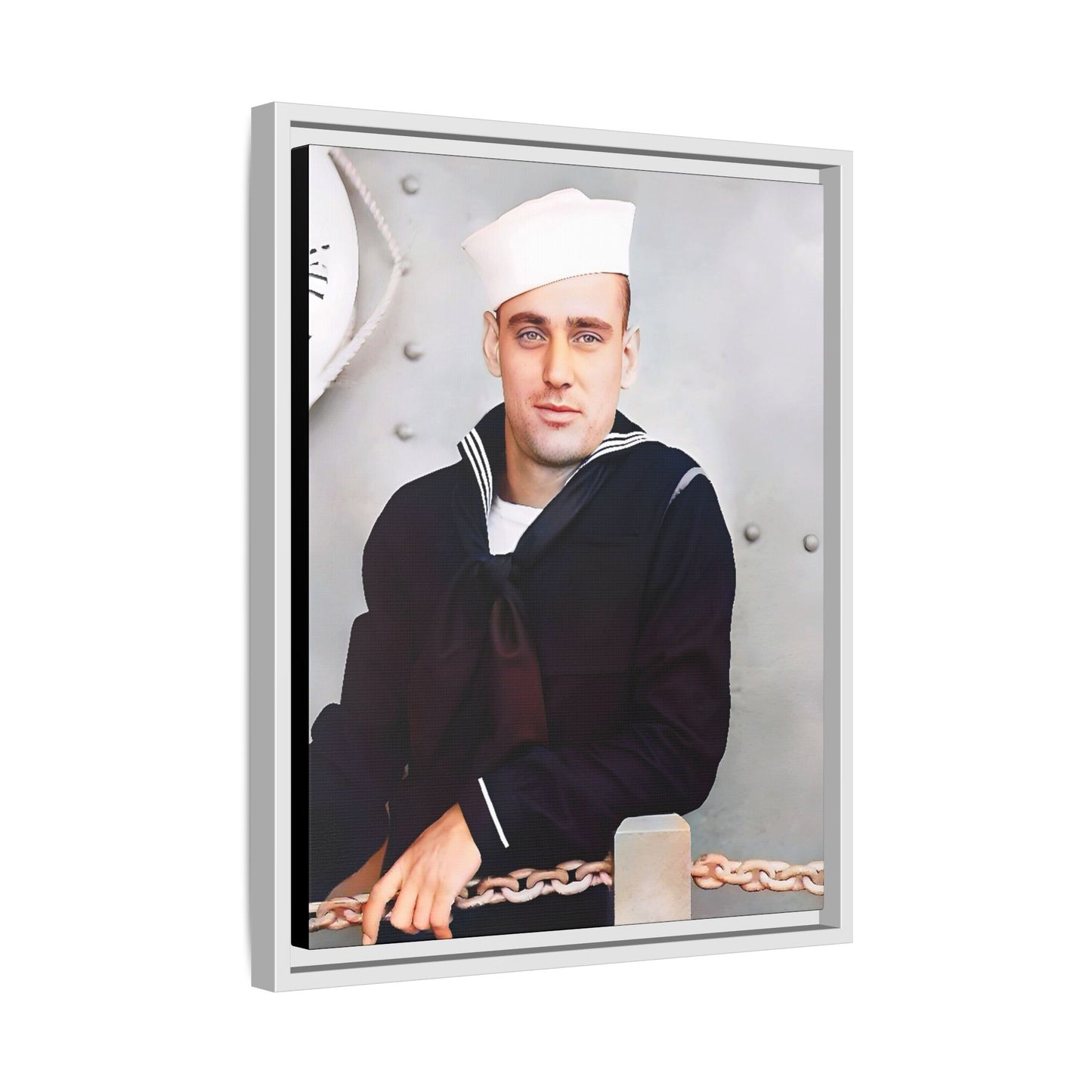 A restored vintage portrait of Francis aboard the USS Might. This framed matte canvas captures naval history, service, and timeless duty.