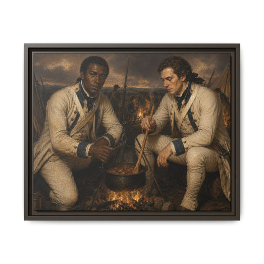 Two soldiers of the French Expédition Particulière prepare stew over a campfire in a Revolutionary War encampment at dusk.