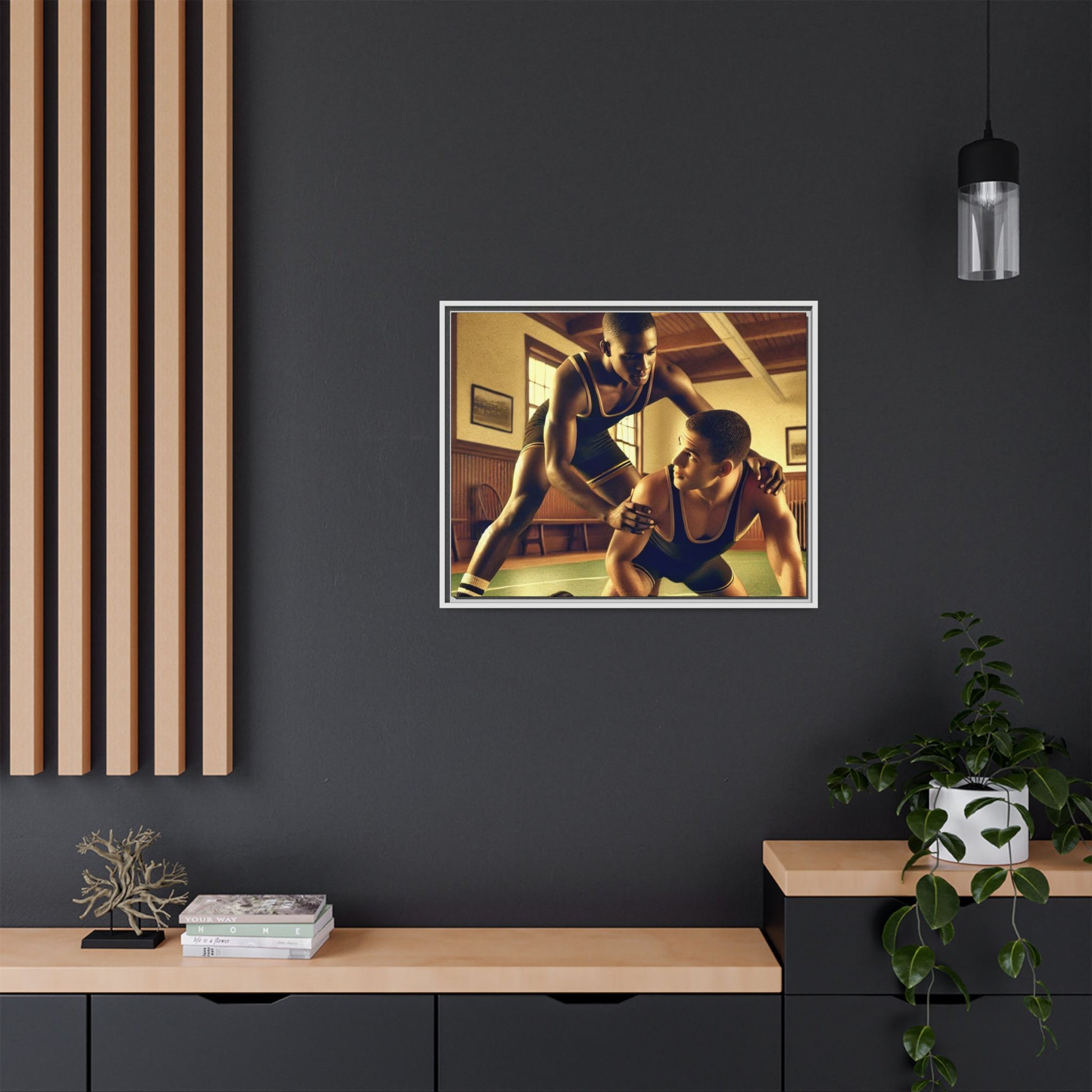 Framed canvas artwork inspired by Grant Wood featuring African-American and European-American wrestlers in a vintage gymnasium. A tribute to unity, diversity, and regionalist art.