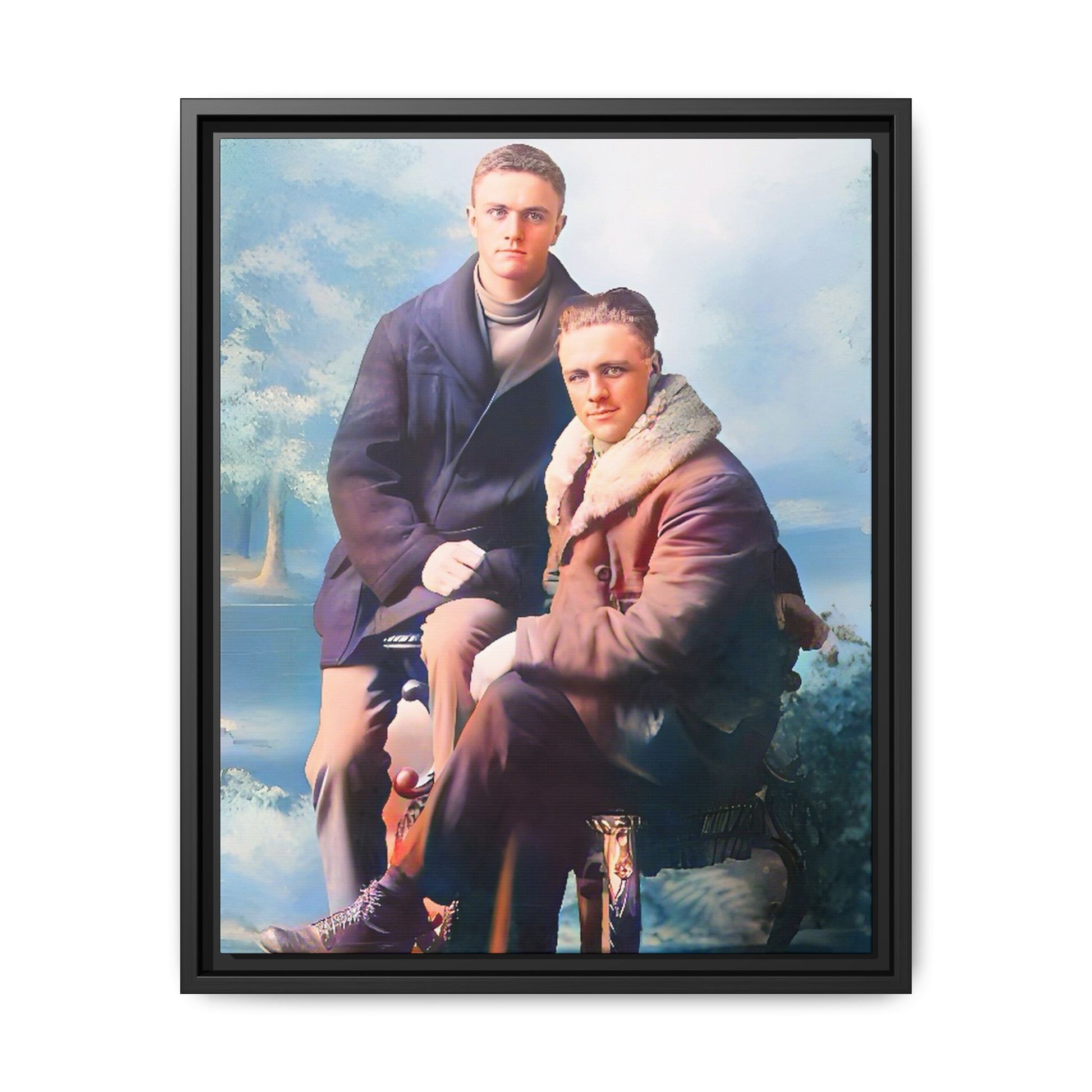 Restored vintage photograph of David and Sam, a gay couple in winter attire from early 20th century Yakima, Washington. Framed matte canvas print showcasing love, resilience, and Gay  history.