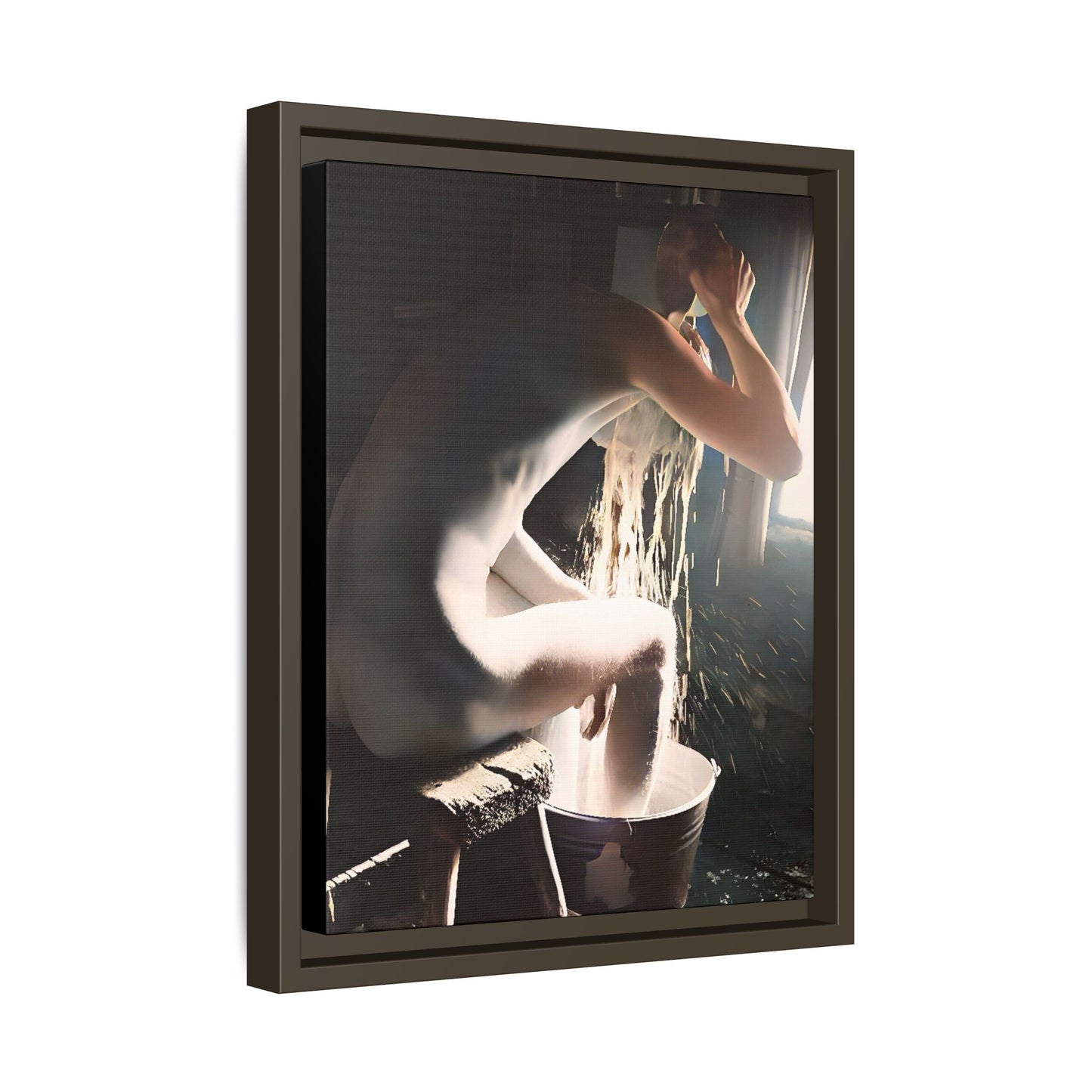 Restored early 20th-century photo of Roy during a rustic bathing ritual in Rock Springs, Wyoming, framed as wall décor celebrating simplicity and renewal.