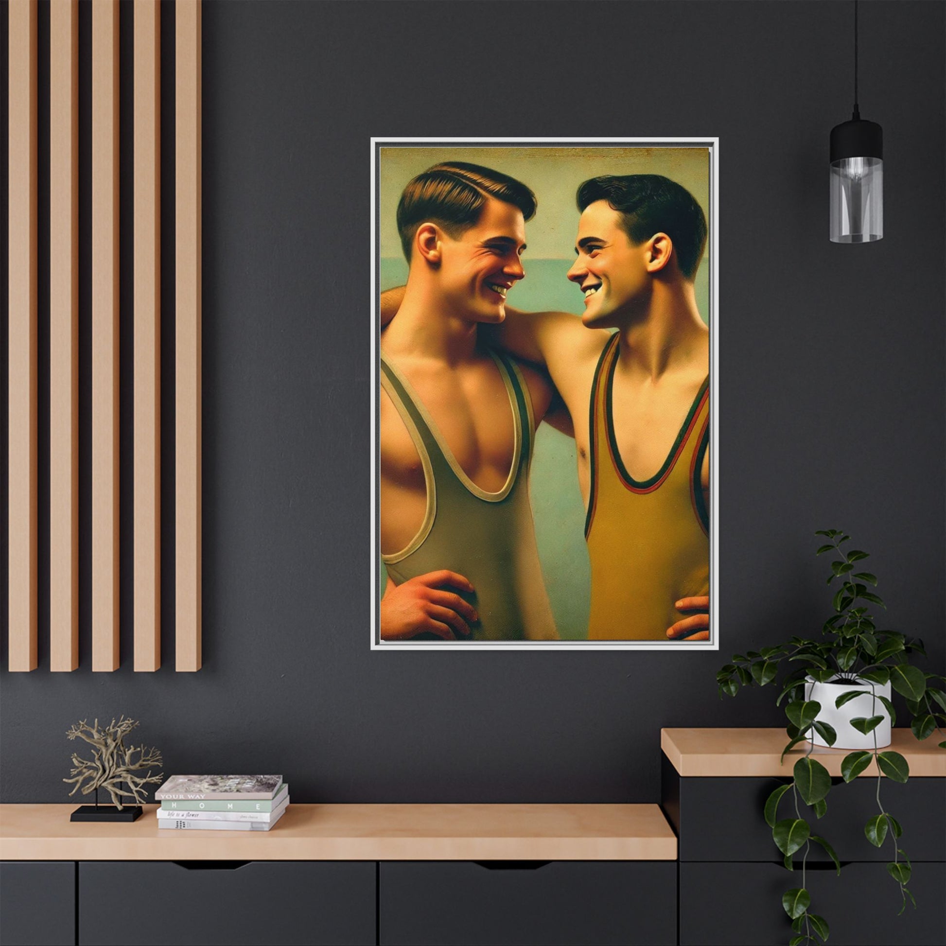 Framed artwork of two young wrestlers in vintage singlets sharing a candid moment, inspired by Grant Wood's Regionalist art style.