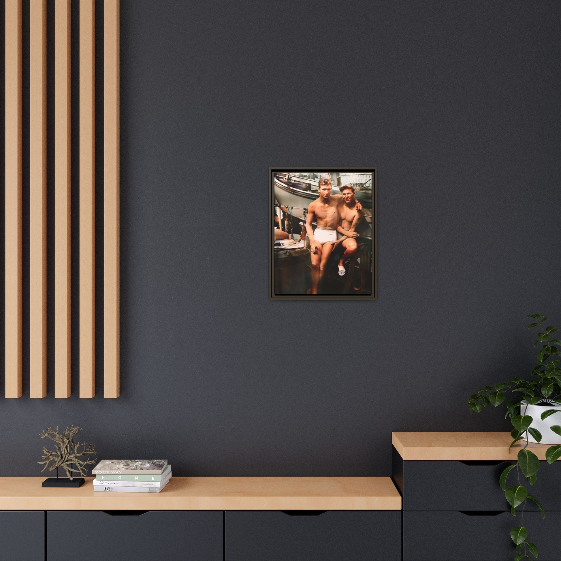 A framed vintage nautical portrait on matte canvas featuring Richard and Joey in Gulf Shores, Alabama, capturing timeless LGBTQ+ connection and coastal charm. Gay Couple