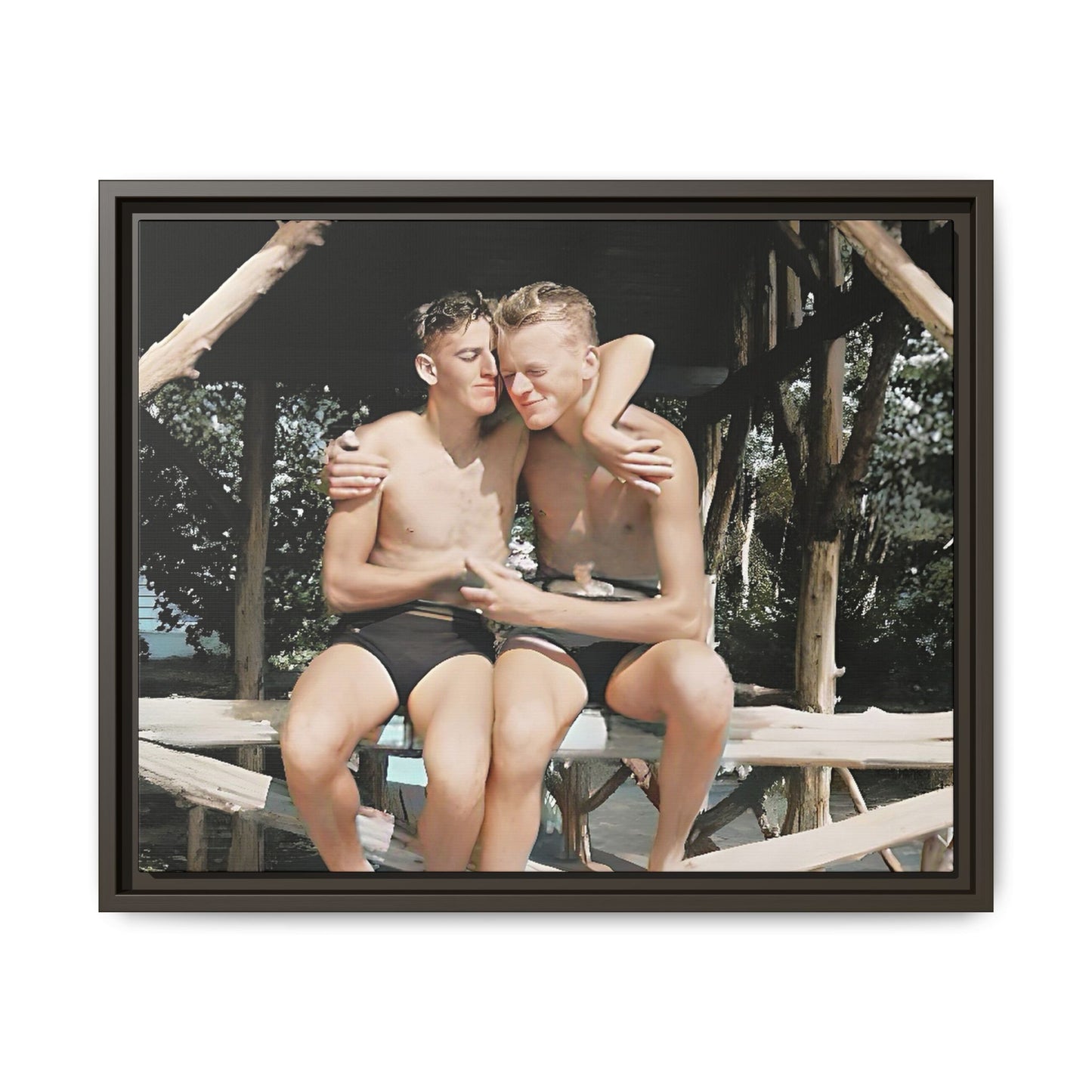 A vintage-inspired framed canvas print featuring Joseph and Billy at Kahena Beach, Hawaii. Their intimate moment under a sunlit pergola captures the warmth of love, freedom, and tropical serenity—perfect for coastal, LGBTQ+, and romantic home decor.