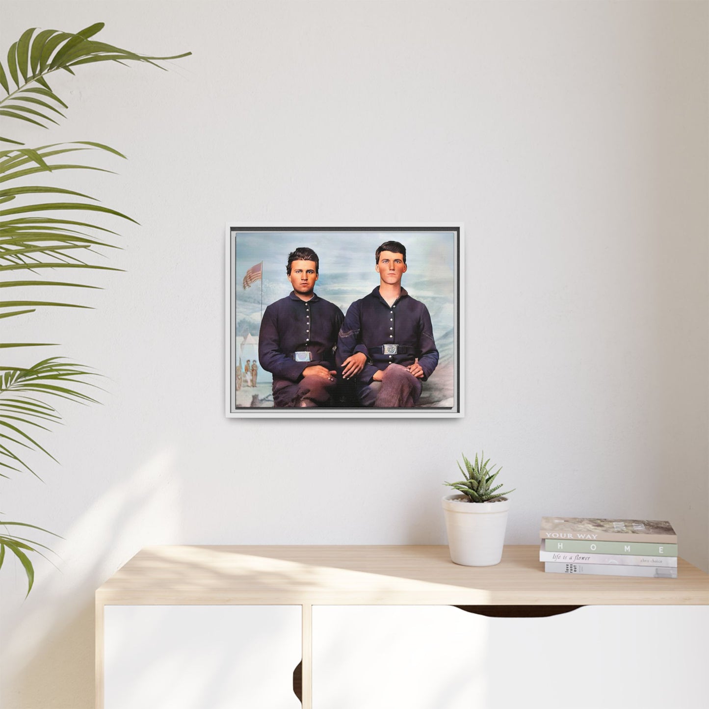 A framed vintage Civil War photo on matte canvas featuring two Union soldiers at Camp Curtin, honoring military history. Gay Couple
