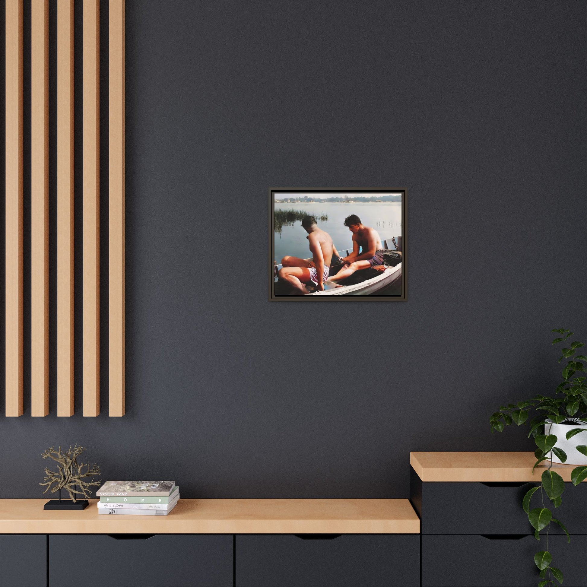 A restored vintage photo of Ned & Marty in a boat at Cape May, New Jersey. This framed matte canvas captures a serene LGBTQ+ love story, offering a nostalgic and timeless nautical scene perfect for collectors and history enthusiasts. Gay Couple