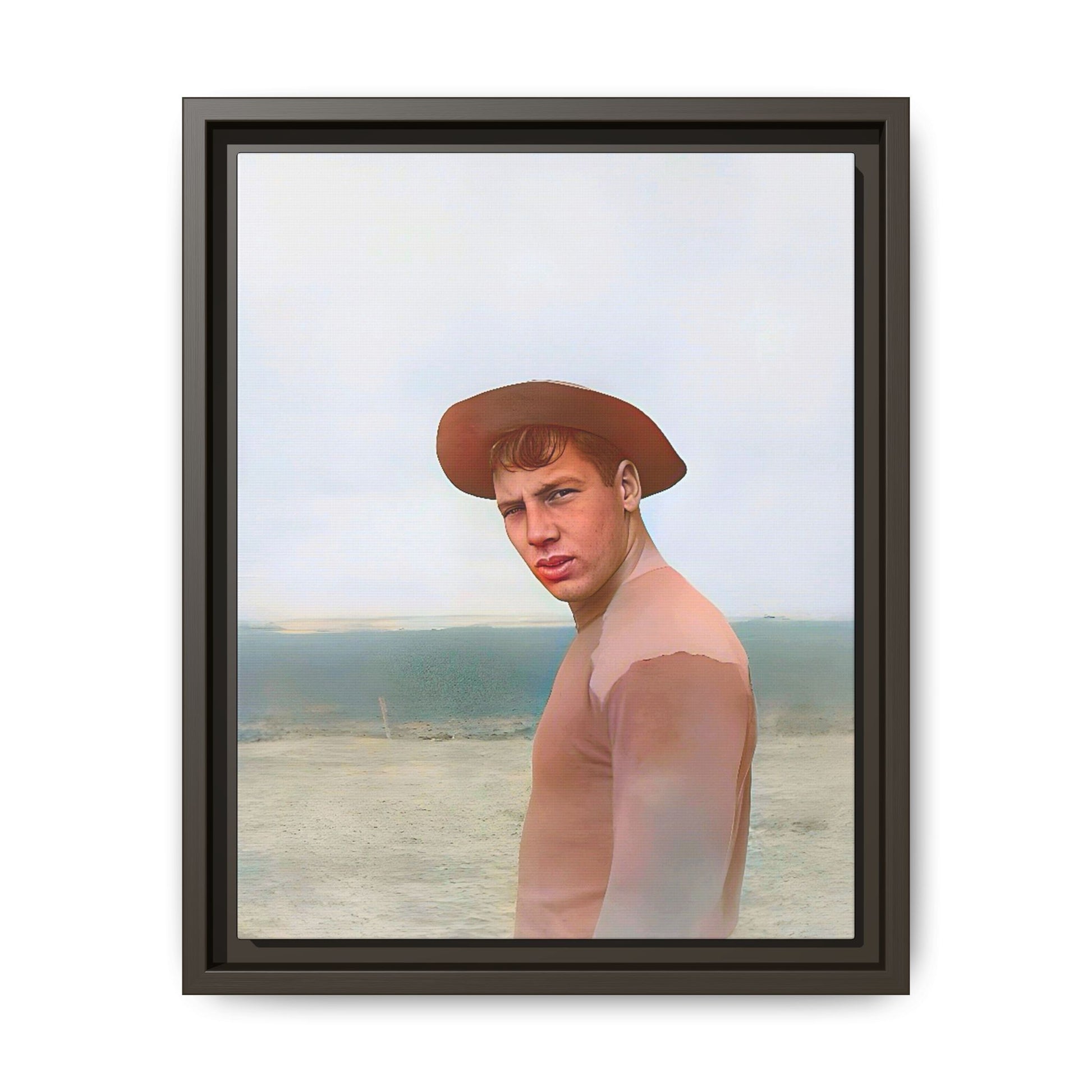 A framed vintage portrait on matte canvas featuring Victor at Cannon Beach, Oregon, capturing the rugged beauty of coastal life.