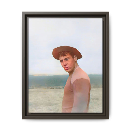 A framed vintage portrait on matte canvas featuring Victor at Cannon Beach, Oregon, capturing the rugged beauty of coastal life.