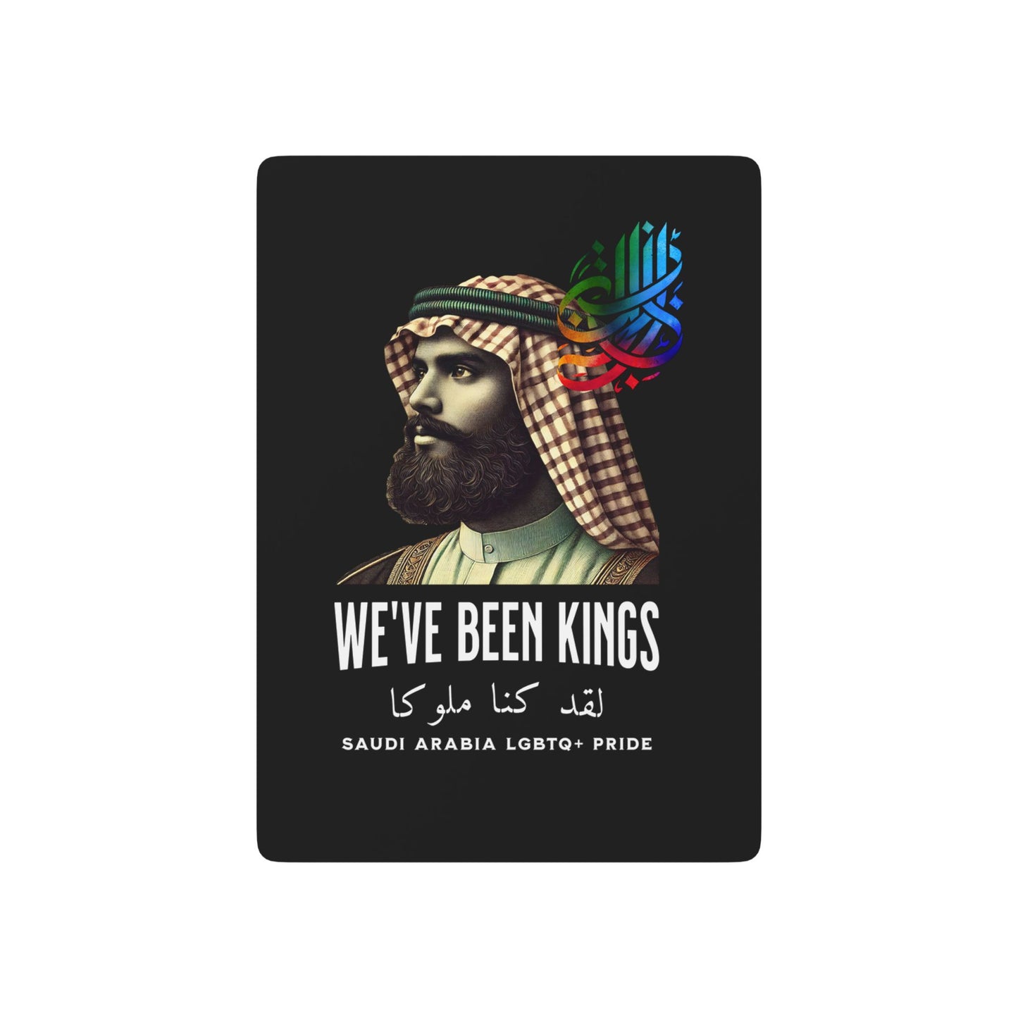 Saudi Arabia LGBTQ+ poker cards featuring Arabic calligraphy and Pride colors, honoring queer heritage and history.