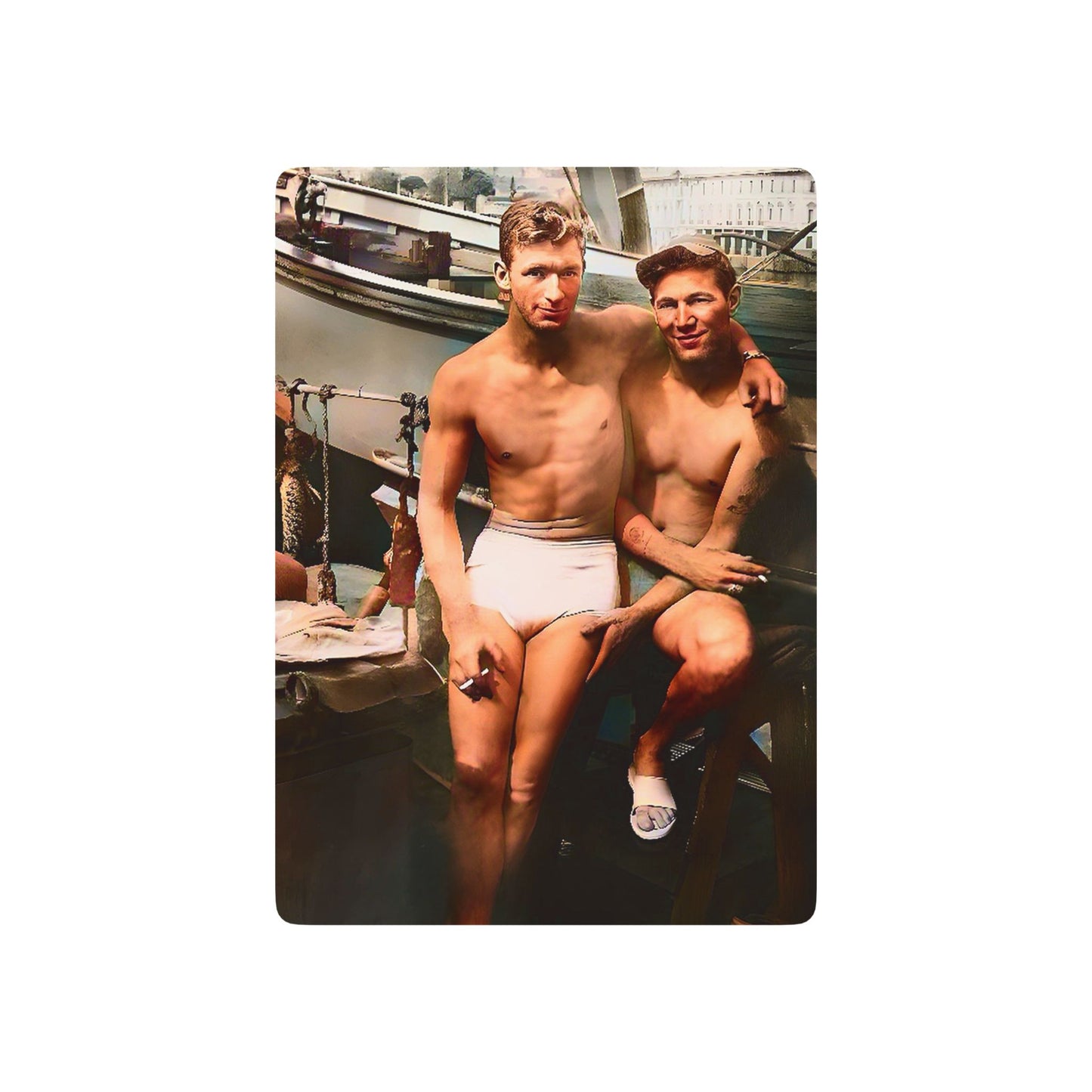 Vintage poker cards featuring a restored photo of two shirtless men with maritime surroundings, honoring LGBTQ+ love and history.