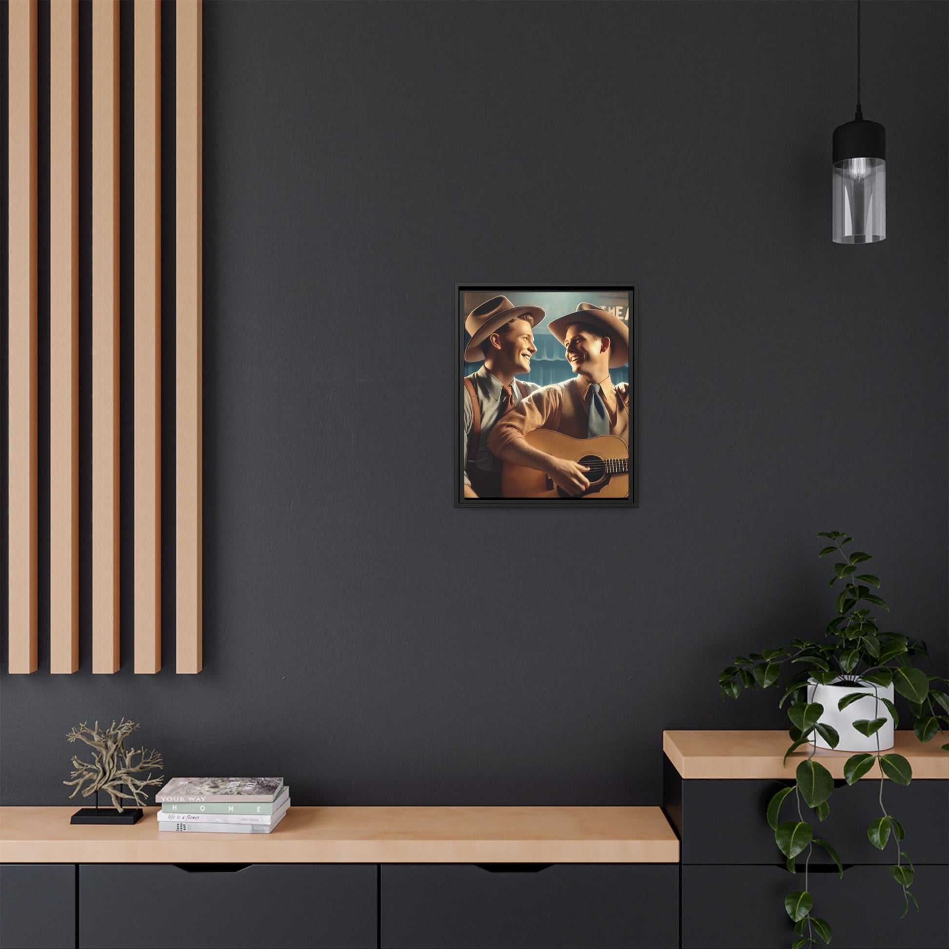Artwork of a gay couple recording a country-western song in a 1930s-style studio. Dressed in classic Western attire with wide-brimmed hats and button-up shirts, the two men share an affectionate gaze, capturing love and unity in a nostalgic, vintage setting.
