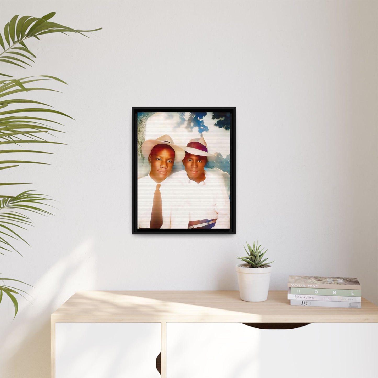 A restored vintage portrait of Bryson & Damien in Taylor, Mississippi. This framed matte canvas celebrates LGBTQ+ history, Southern charm, and timeless love. African American Gay Couple