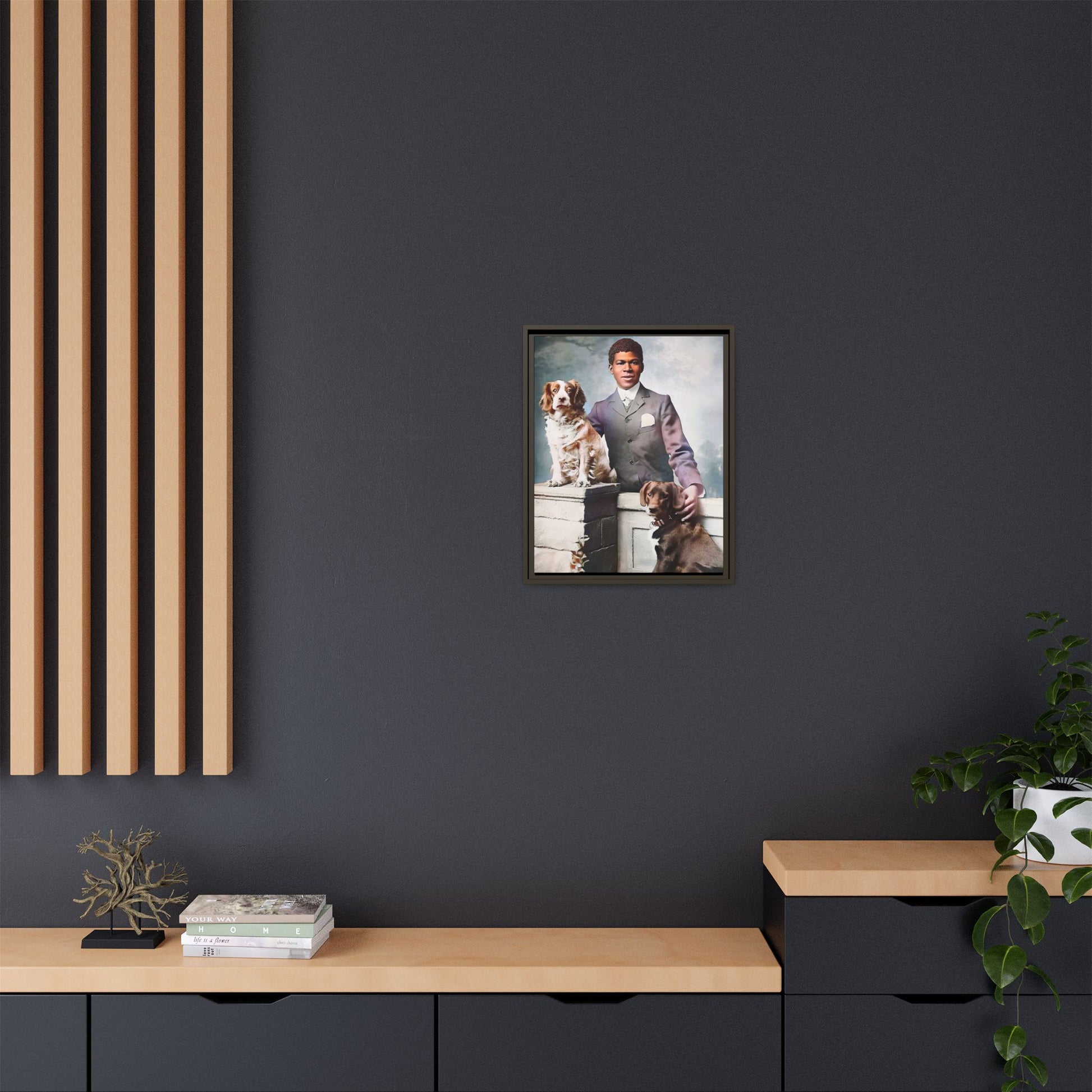 A restored vintage portrait of Marcus with his dogs, Buster and Ellis, in Charlotte, North Carolina. This framed matte canvas print captures the elegance of Southern charm and the enduring bond between a man and his loyal companions. Vintage Dog Portrait