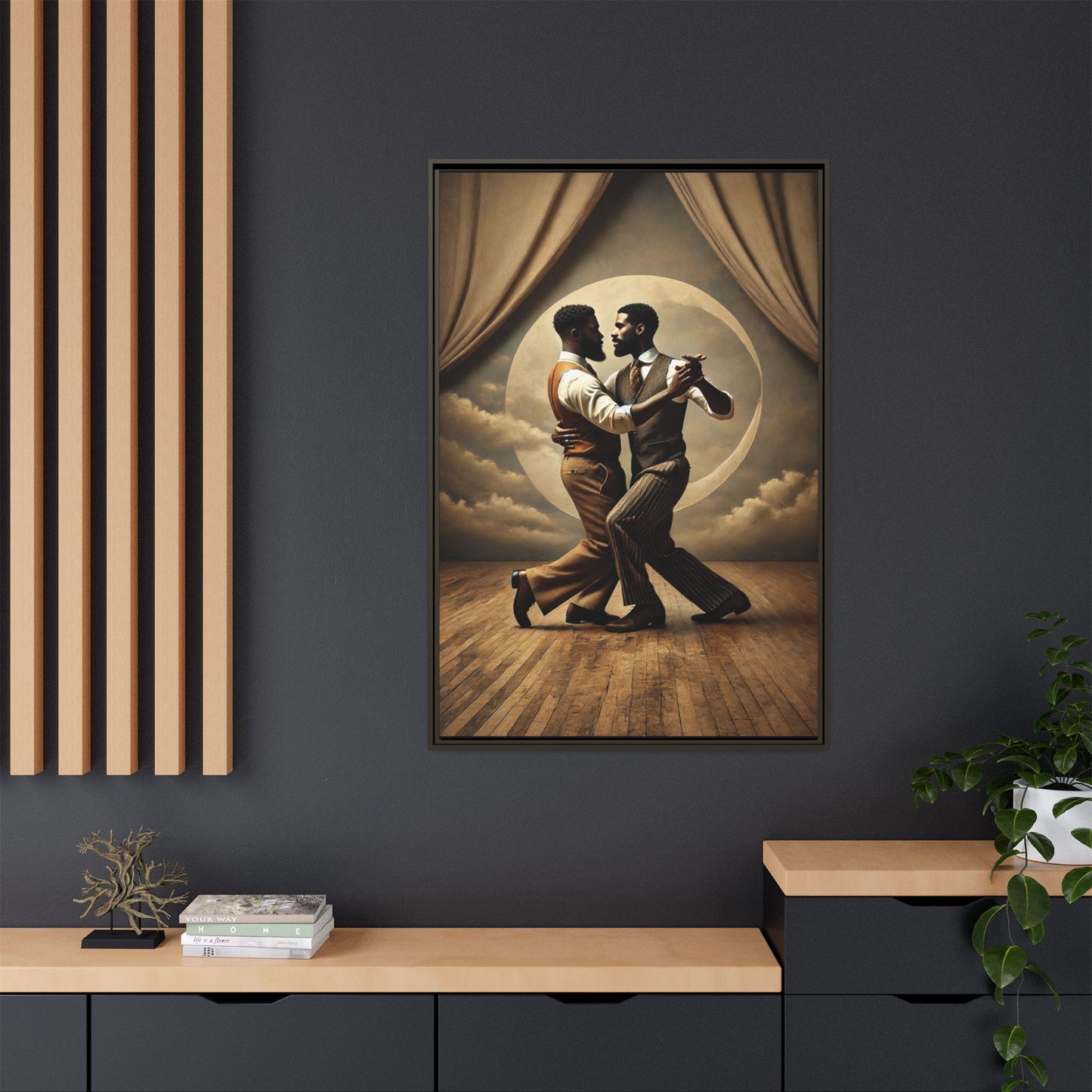 Original artwork of two Black men ballroom dancing in vintage 1920s suits under a glowing moon backdrop. A romantic and powerful tribute to queer love and Black history that reclaims moments lost to systemic bias and cultural erasure.
