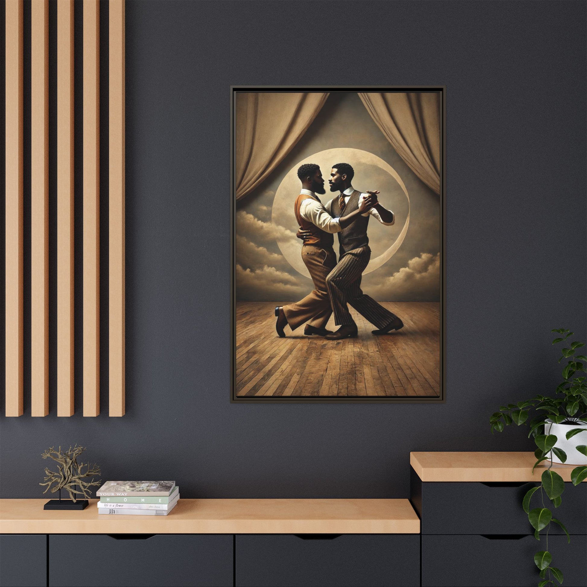 Original artwork of two Black men ballroom dancing in vintage 1920s suits under a glowing moon backdrop. A romantic and powerful tribute to queer love and Black history that reclaims moments lost to systemic bias and cultural erasure.