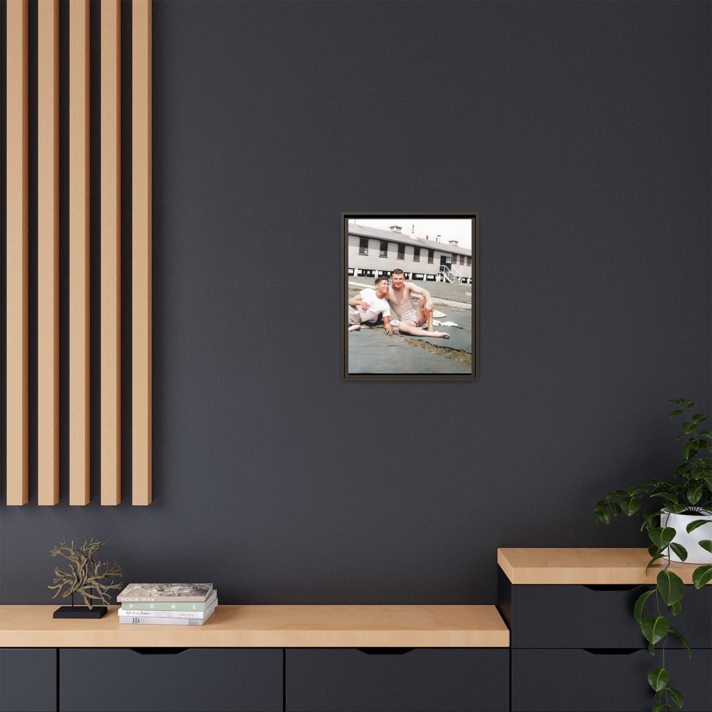 A framed vintage military portrait on matte canvas featuring Wayne and Jerry at Camp Blanding, Florida, capturing a timeless LGBTQ+ connection and companionship.
Gay Couple