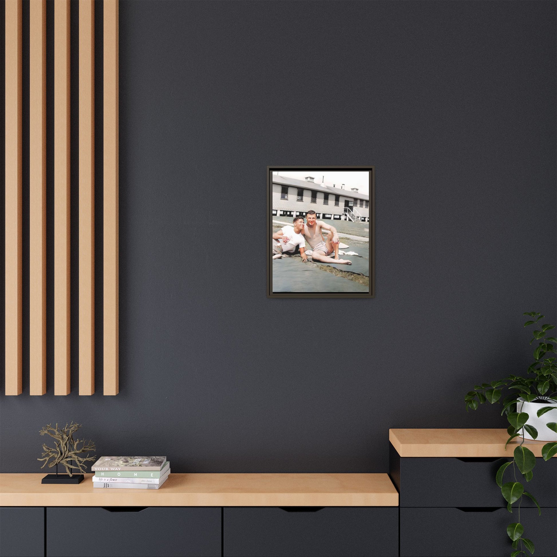 A framed vintage military portrait on matte canvas featuring Wayne and Jerry at Camp Blanding, Florida, capturing a timeless LGBTQ+ connection and companionship.
Gay Couple