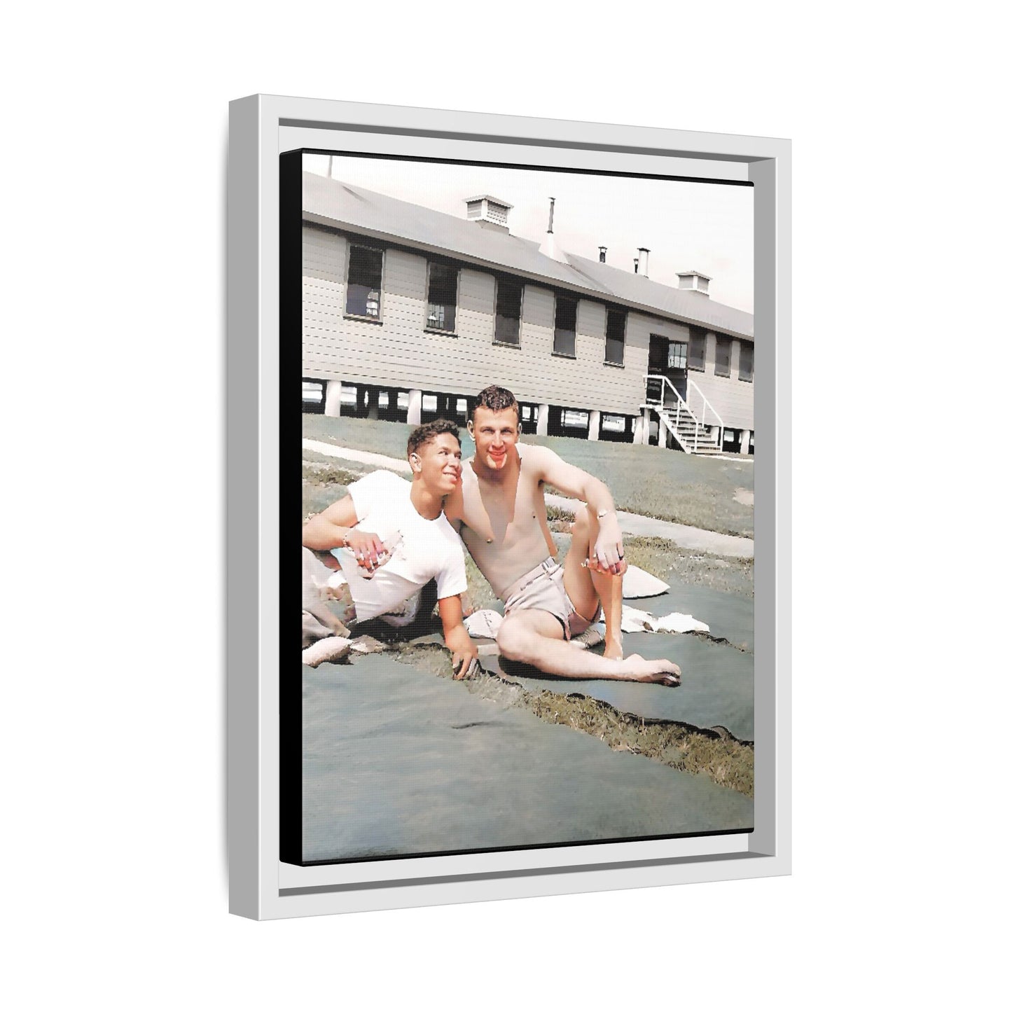 A framed vintage military portrait on matte canvas featuring Wayne and Jerry at Camp Blanding, Florida, capturing a timeless LGBTQ+ connection and companionship.
Gay Couple
