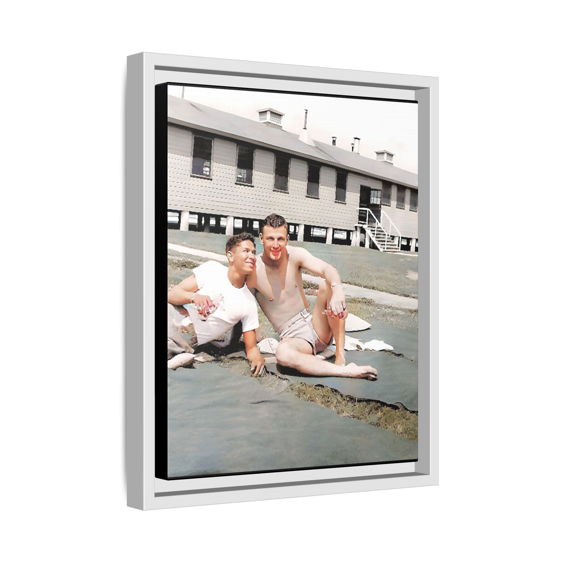 A framed vintage military portrait on matte canvas featuring Wayne and Jerry at Camp Blanding, Florida, capturing a timeless LGBTQ+ connection and companionship.
Gay Couple