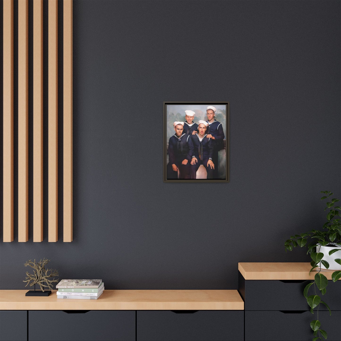 A framed vintage naval portrait on matte canvas featuring four sailors at Naval Station Great Lakes, capturing unity, service, and military pride.
