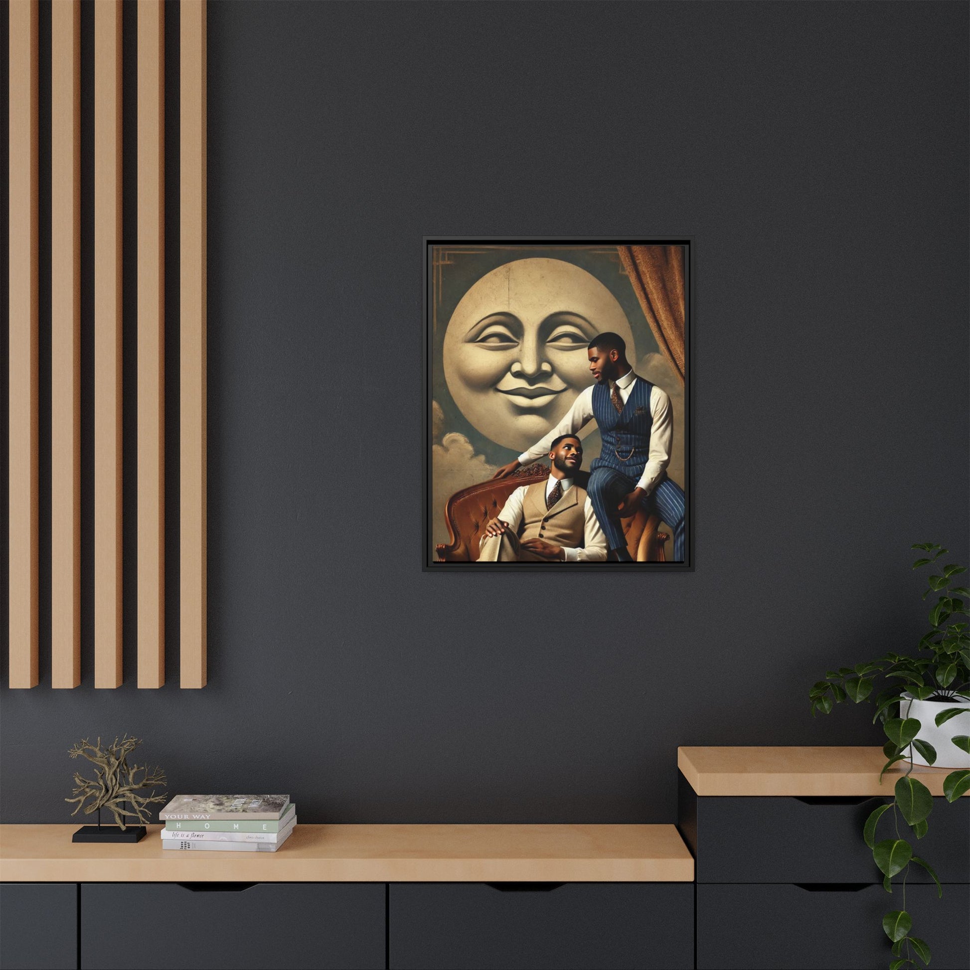 An elegant portrait of two Black men in vintage suits, seated affectionately beneath a smiling full moon. This 1920s-inspired artwork reclaims lost LGBTQ history, honoring Black queer love through style, softness, and resilience.