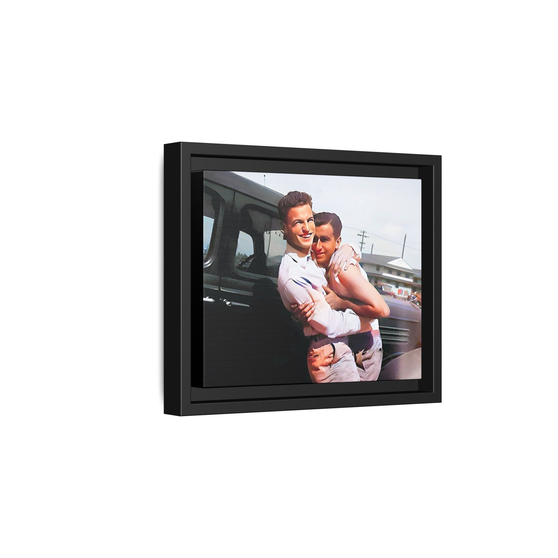 A framed vintage love portrait on matte canvas featuring Henry and Raymond in Peoria, Illinois, capturing timeless LGBTQ+ connection and joy. Gay Couple