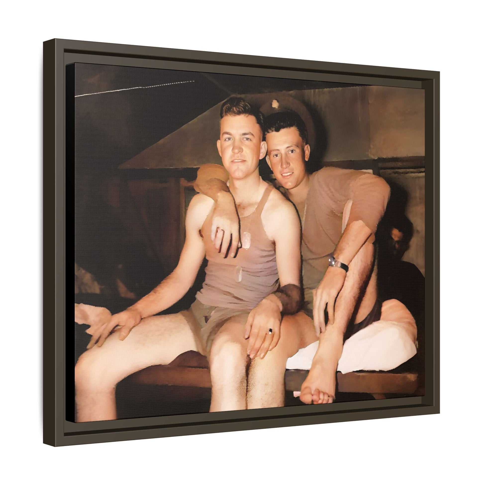 Barracks, Oahu. This framed canvas print honors LGBTQ+ history, military camaraderie, and timeless love, making it a unique and meaningful piece for collectors and history enthusiasts.