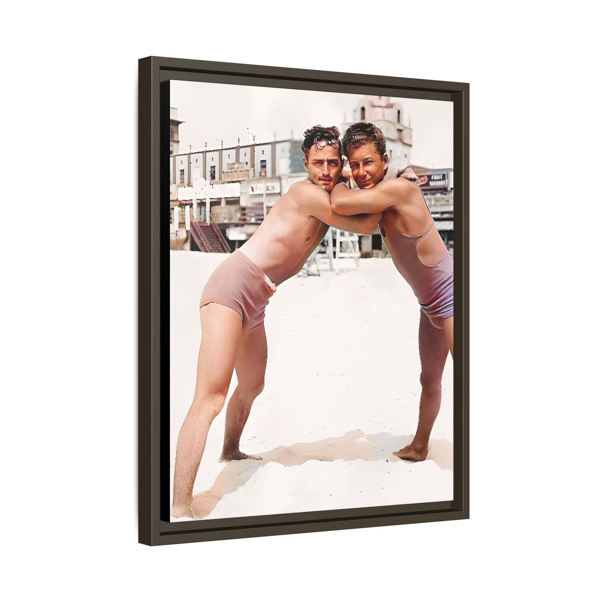 A vintage LGBTQ+ beach photo of Kenneth and Herman in Atlantic City, celebrating summer love and nostalgia. This restored and colorized canvas print captures the joy of seaside romance, making it a perfect addition to any vintage decor collection.