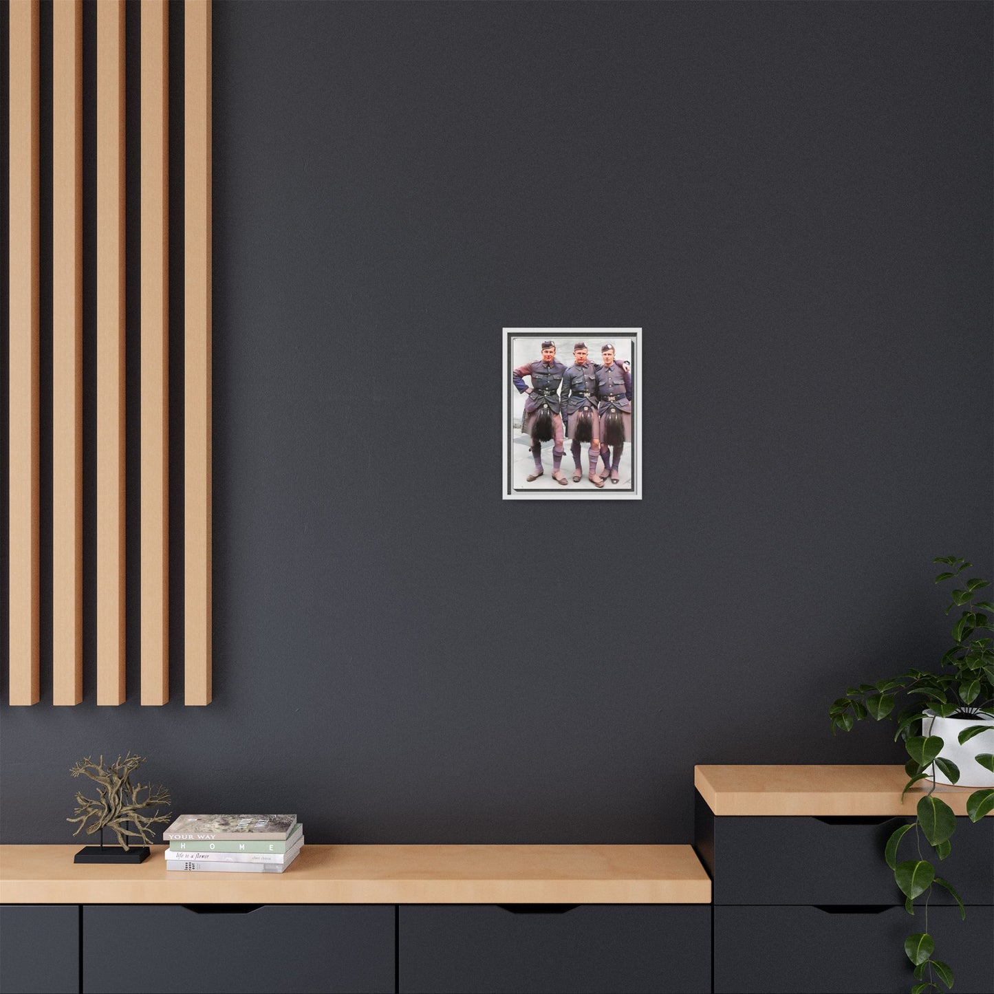 A restored vintage portrait of Gordon Highlanders in Glasgow, Scotland. This framed matte canvas honors Scottish military history, tradition, and unity.