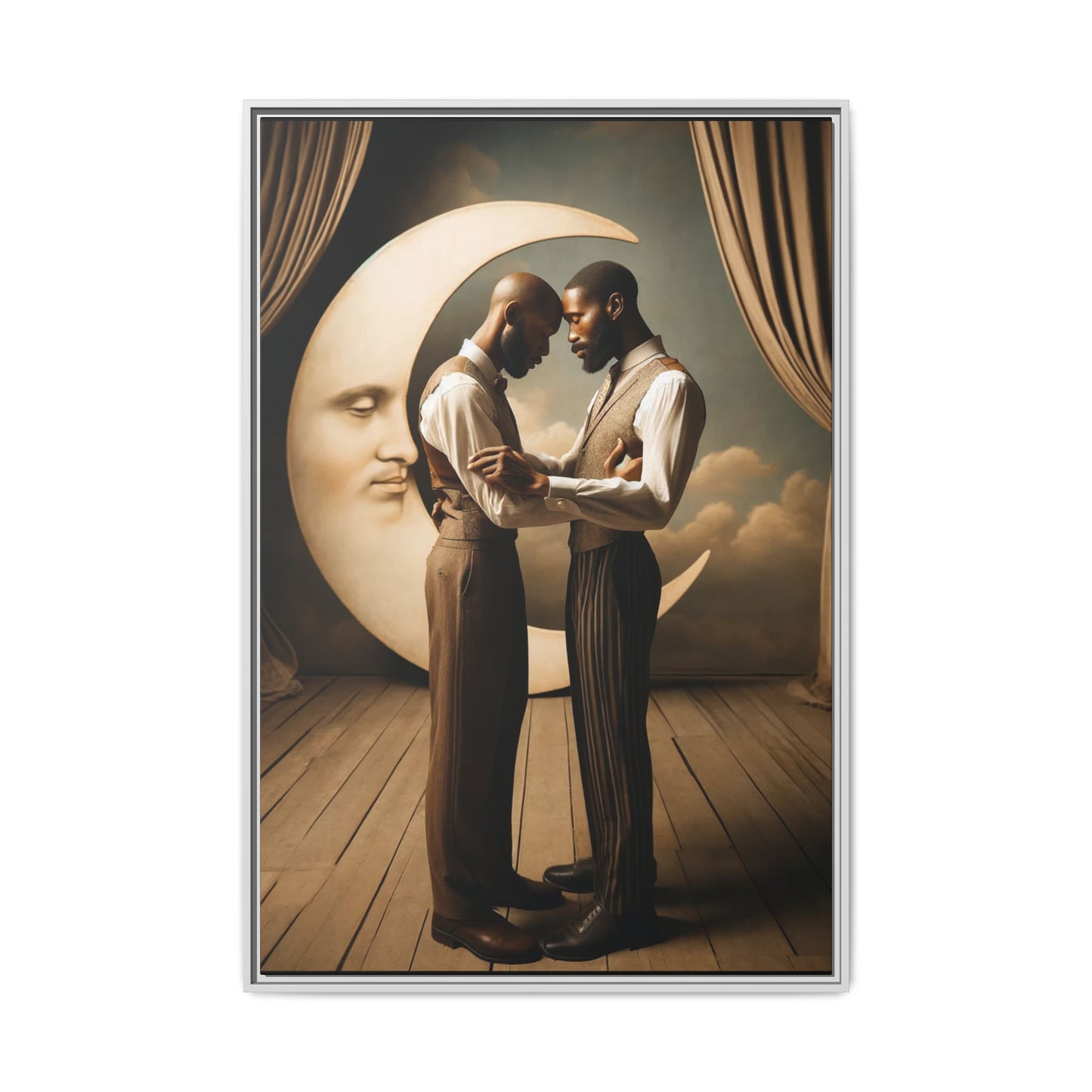 Two Black men in vintage 1920s clothing stand forehead to forehead, embraced beneath a glowing crescent moon. A theatrical scene honoring queer love, memory, and history, reclaiming moments that were never captured due to cultural bias.