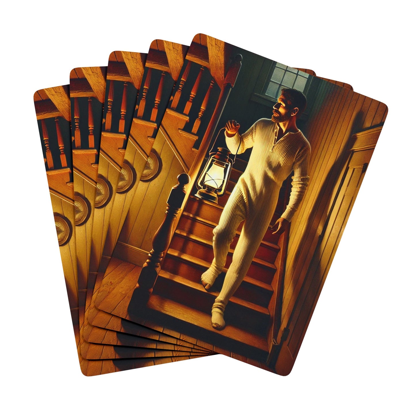 Vintage-inspired poker deck featuring a man in a union suit descending a wooden staircase, lantern in hand