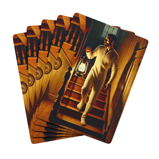 Vintage-inspired poker deck featuring a man in a union suit descending a wooden staircase, lantern in hand