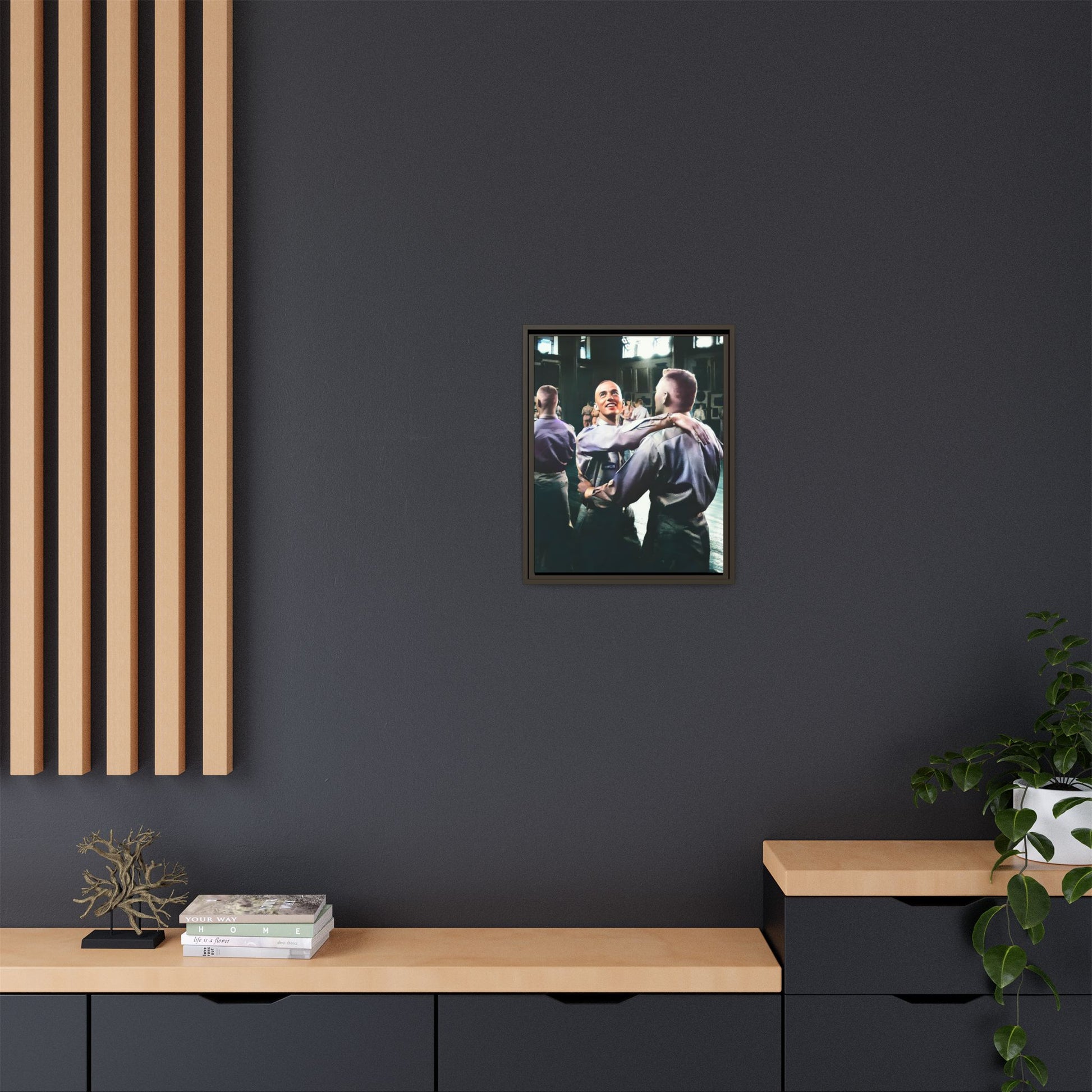 Restored mid-20th century photo of two men dancing at a USO event in Fort Belvoir, celebrating LGBTQ+ love and resilience, framed as wall décor Gay Couple
