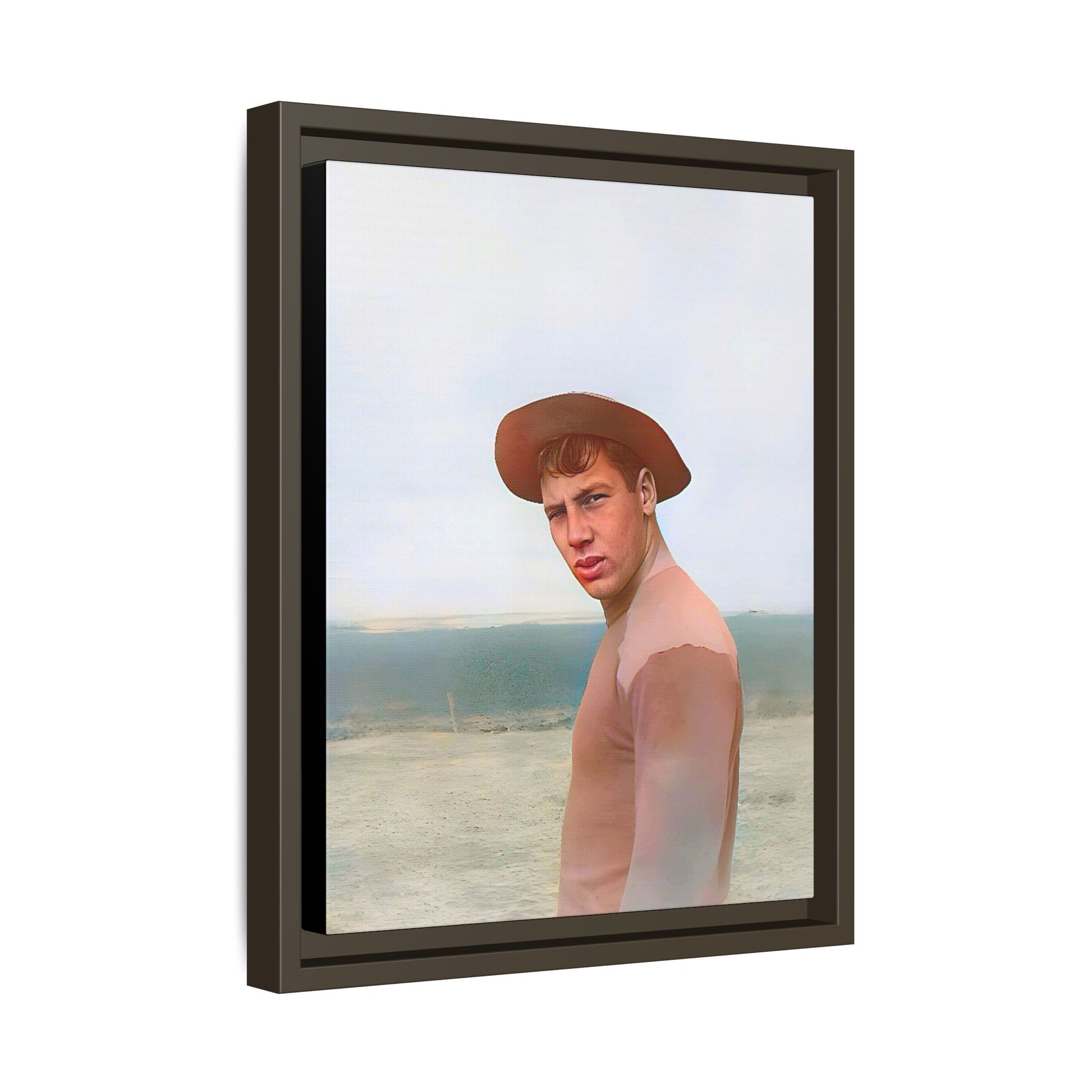 A framed vintage portrait on matte canvas featuring Victor at Cannon Beach, Oregon, capturing the rugged beauty of coastal life.