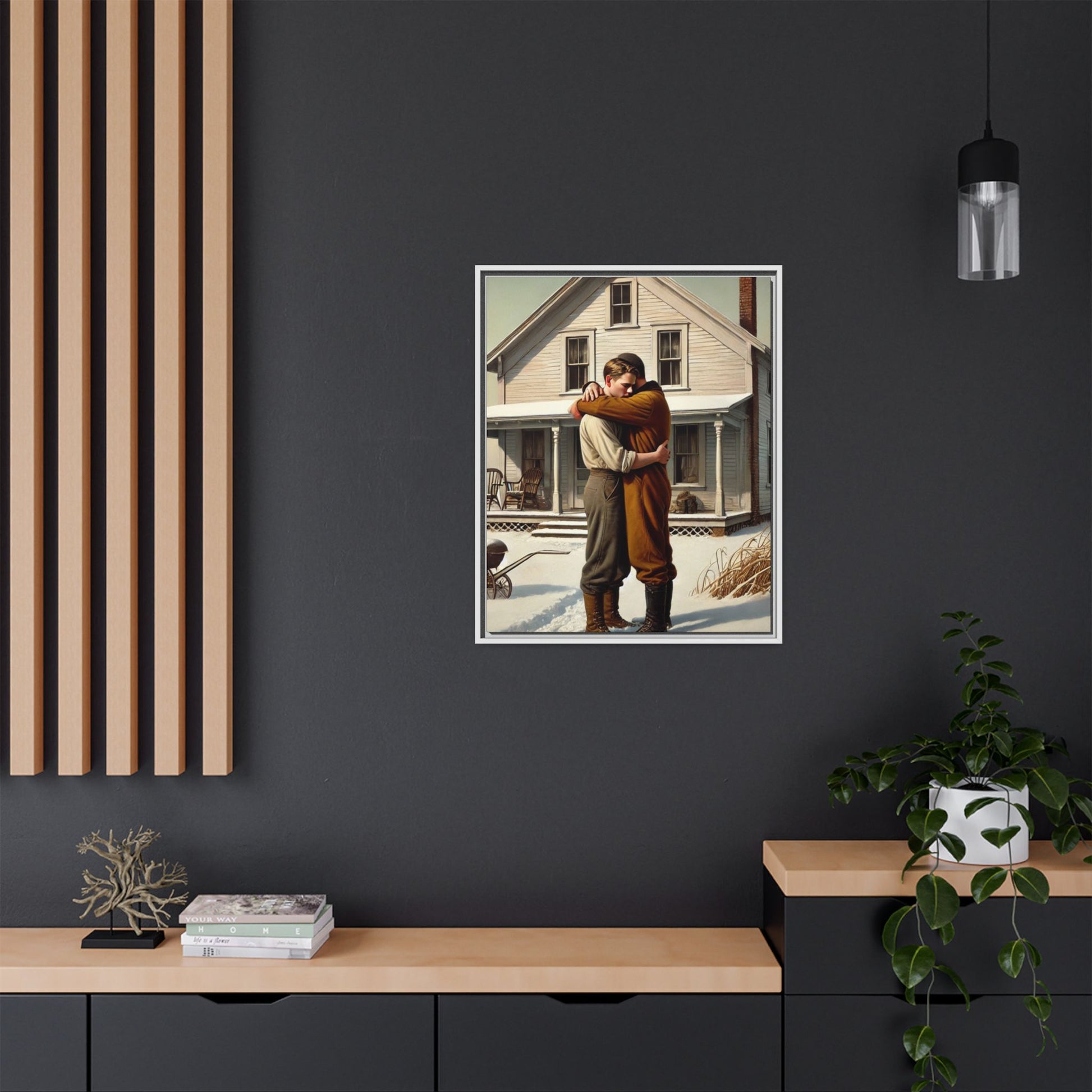 Artwork of a tender moment between a gay couple embracing outside a farmhouse in a snowy, rural landscape. Dressed in vintage attire, the two men find warmth and comfort in each other’s arms, capturing love and connection in a serene, Americana winter setting