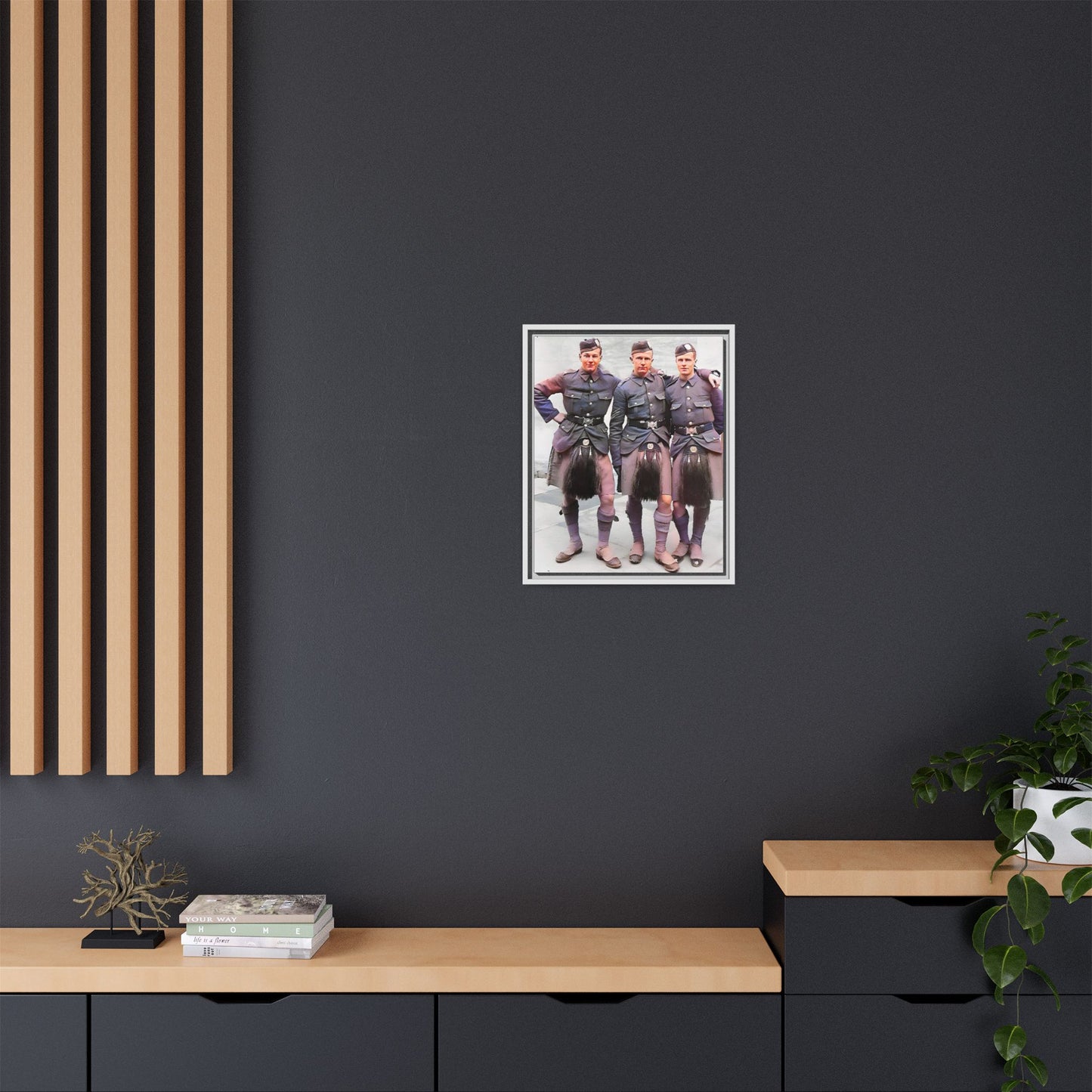 A restored vintage portrait of Gordon Highlanders in Glasgow, Scotland. This framed matte canvas honors Scottish military history, tradition, and unity.