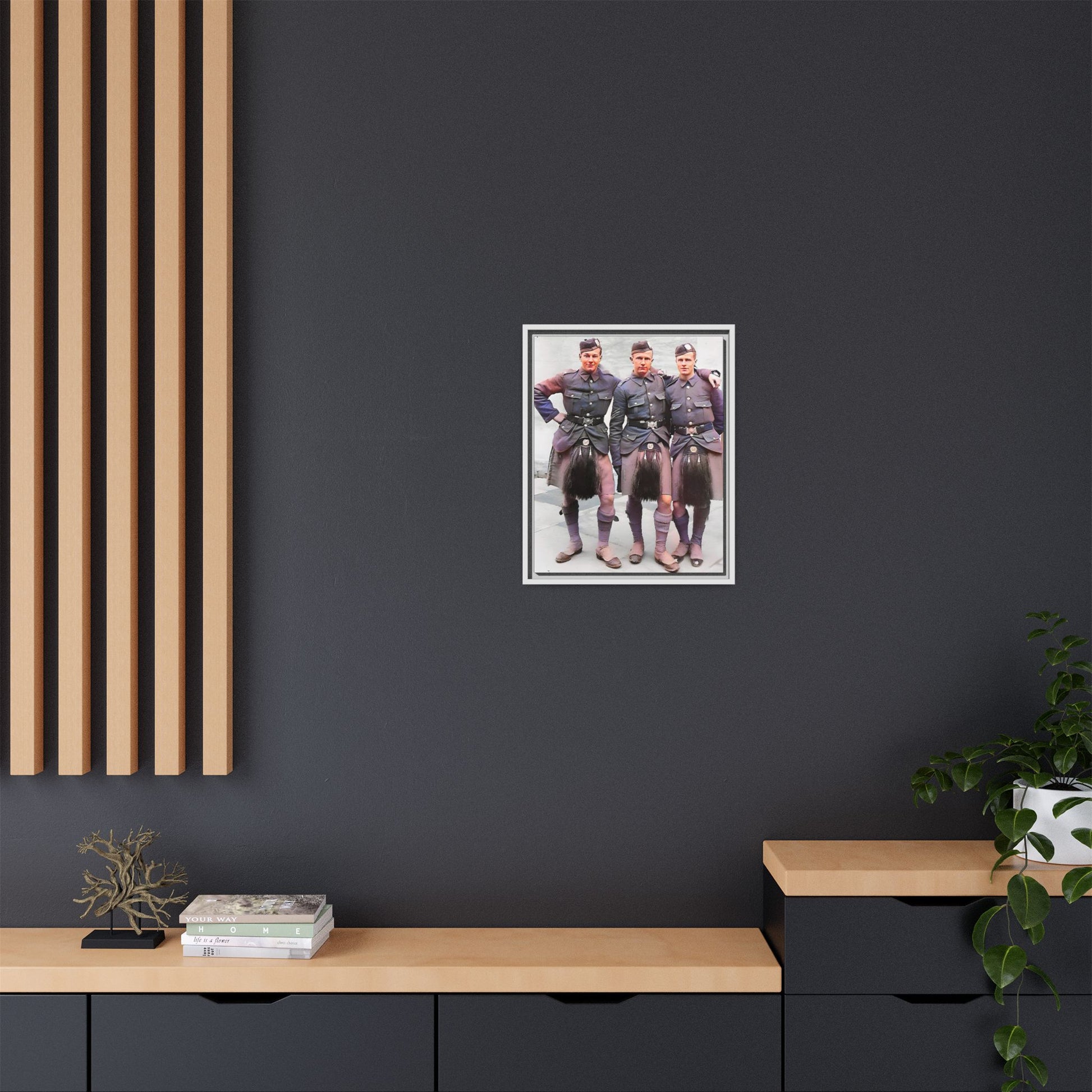 A restored vintage portrait of Gordon Highlanders in Glasgow, Scotland. This framed matte canvas honors Scottish military history, tradition, and unity.